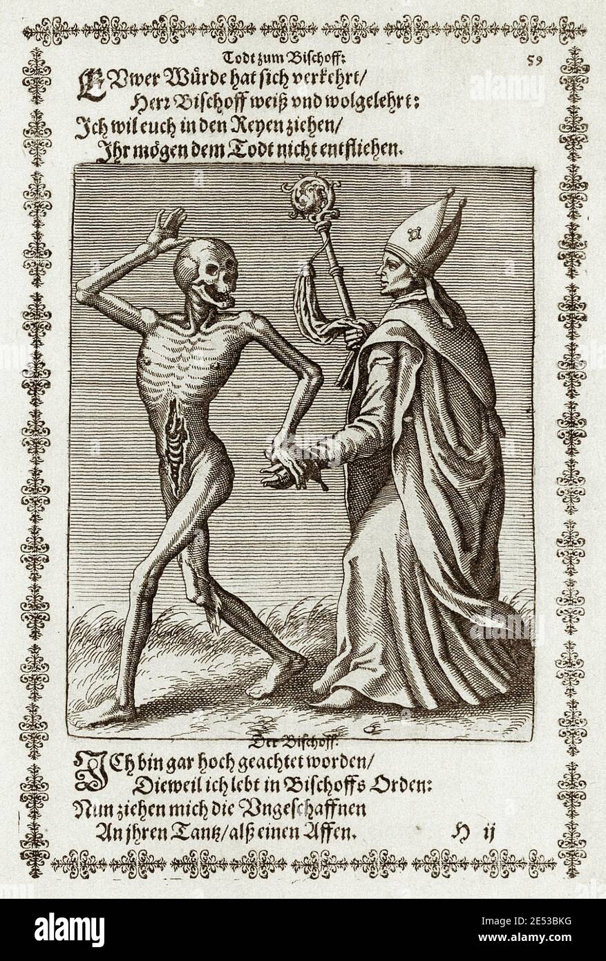 Der Bischof aus Basels Todestanz von Matthäus Merian. Der Danse Macabre, auch "Tanz des Todes" genannt, ist ein künstlerisches Genre der Allegorie des Stockfoto