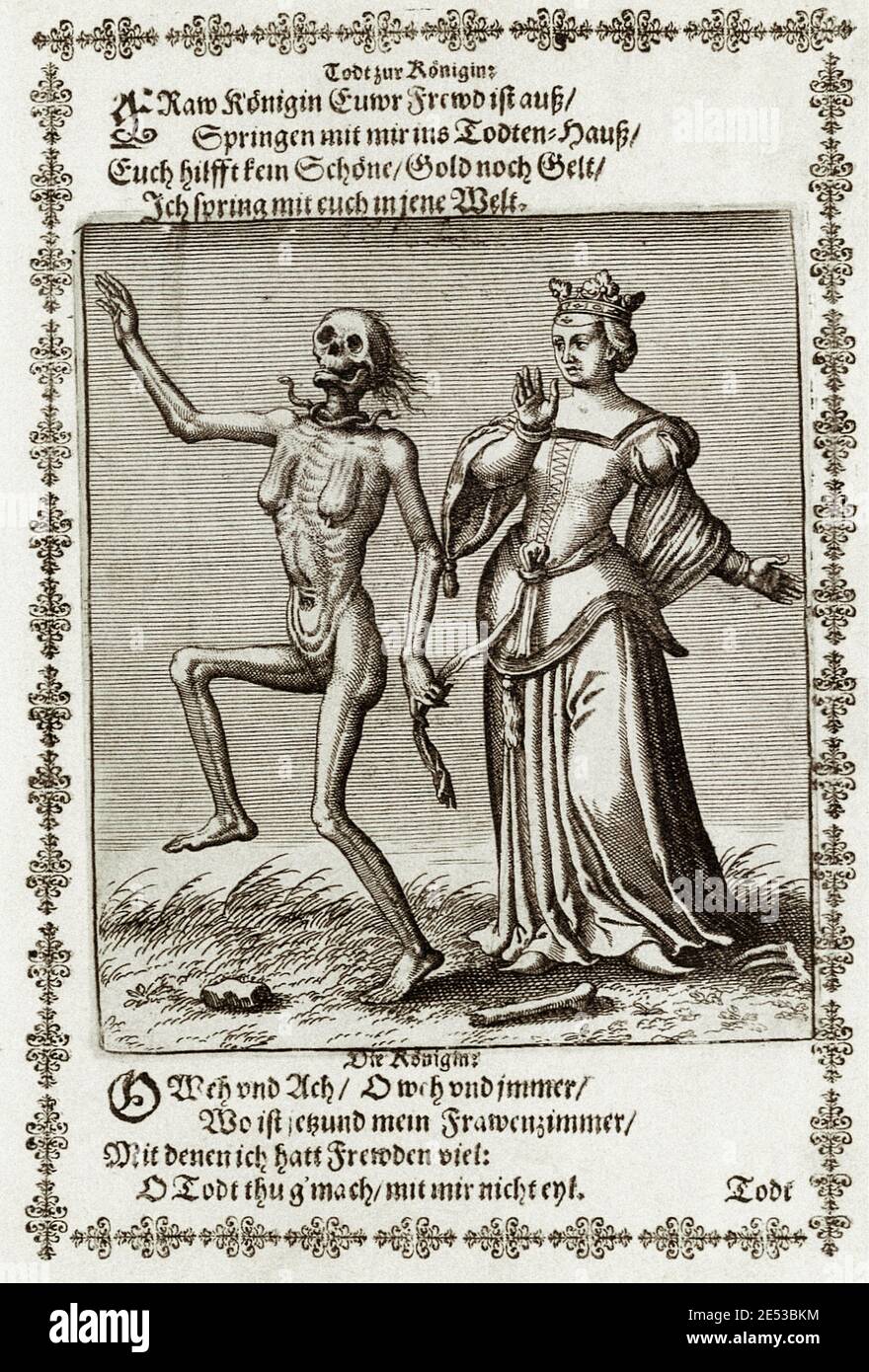 Die Königin aus Basels Todestanz von Matthew Merian. Der Danse Macabre, auch Tanz des Todes genannt, ist ein künstlerisches Genre der Allegorie des La Stockfoto