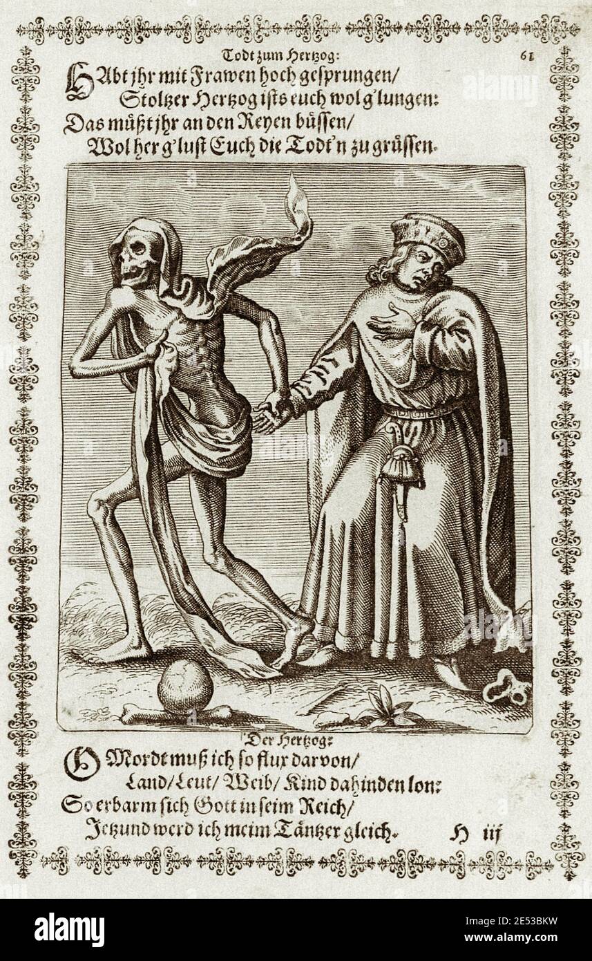 Der Herzog aus Basels Todestanz von Matthäus Merian. Der Danse Macabre, auch Tanz des Todes genannt, ist ein künstlerisches Genre der Allegorie des Lat Stockfoto