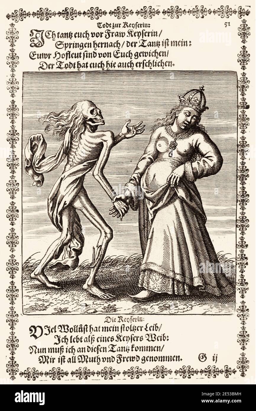 Die Empress aus Basels Todestanz von Matthew Merian. Der Danse Macabre, auch "Tanz des Todes" genannt, ist ein künstlerisches Genre der Allegorie des Stockfoto