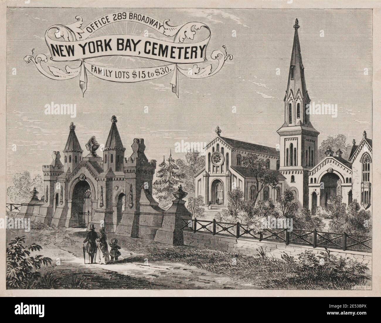 Alte Gravur der New York Bay, Cemetry. Von Samuel Putnam Avery, 1822-1904/05. Stockfoto