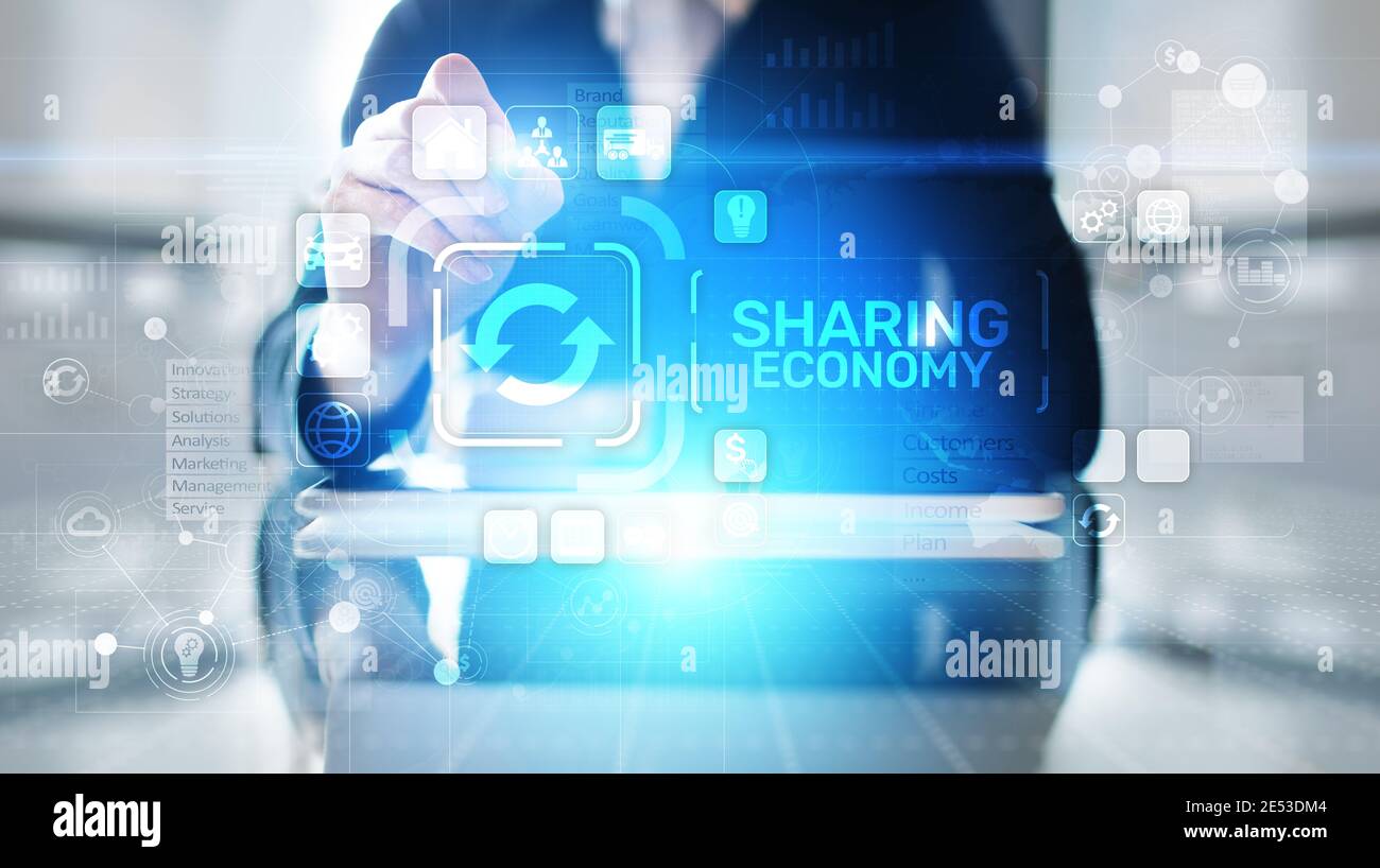 Gemeinsame Nutzung von Wirtschaft, Innovation und Zukunft Business Technology Konzept auf virtuellen Bildschirm Stockfoto
