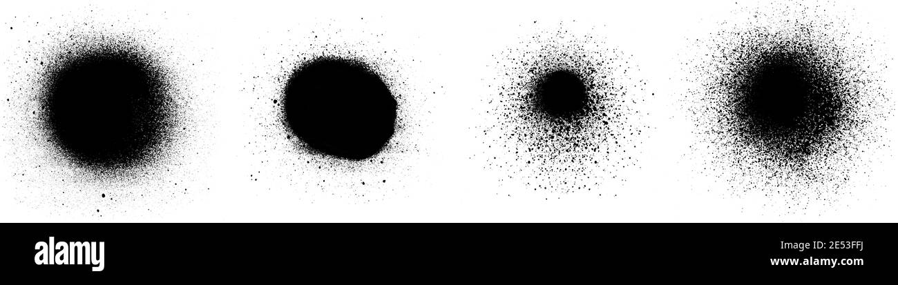 Nahaufnahme mehrerer schwarzer Sprühflecken und Spritzer, isoliert auf weißem Hintergrund. Stockfoto