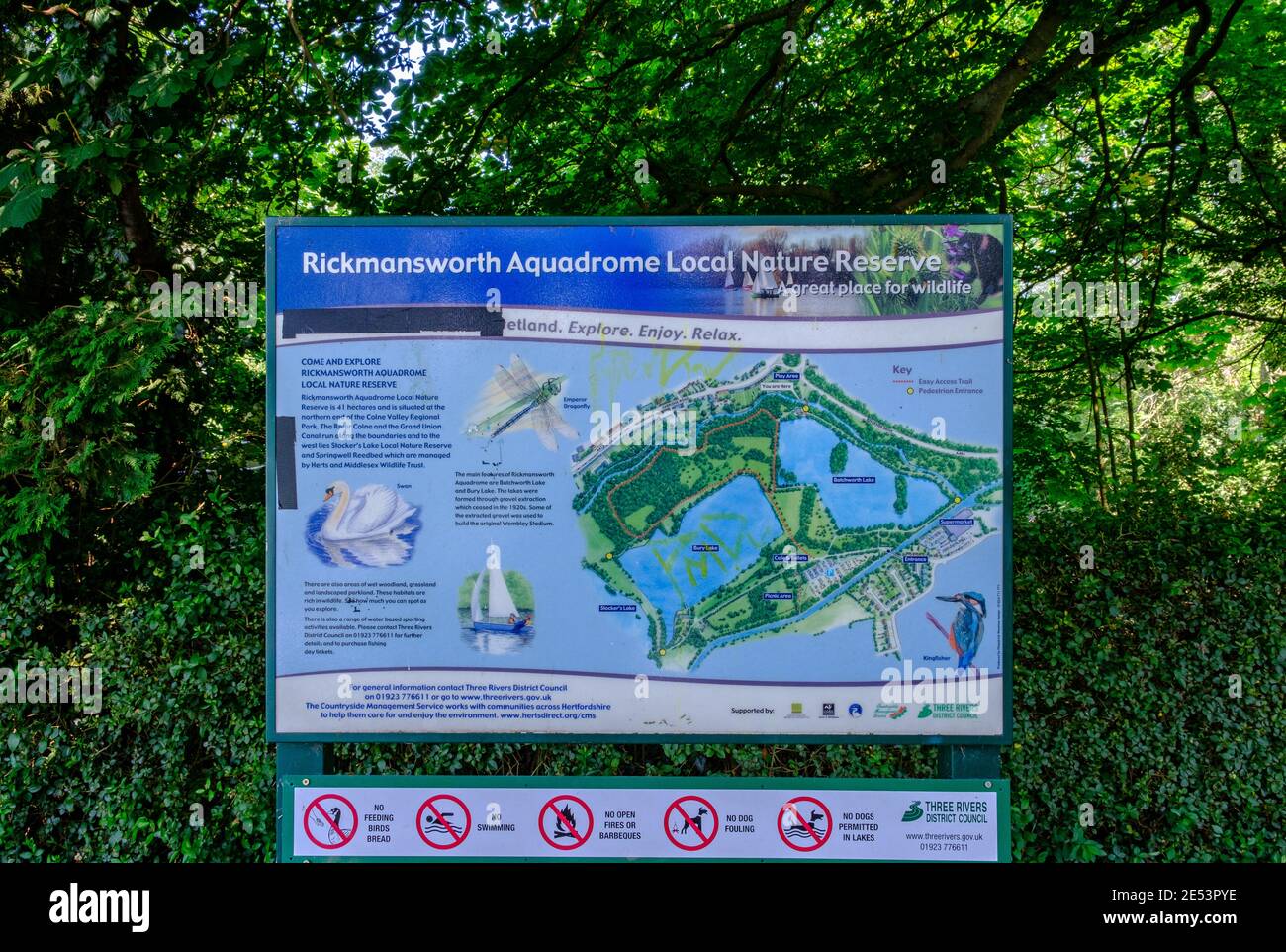 Öffentliche Informationstafel mit Details zu Rickmansworth Aquadrome, lokalem Naturschutzgebiet, gemischten Wäldern und Seen. Hertfordshire, England. Stockfoto