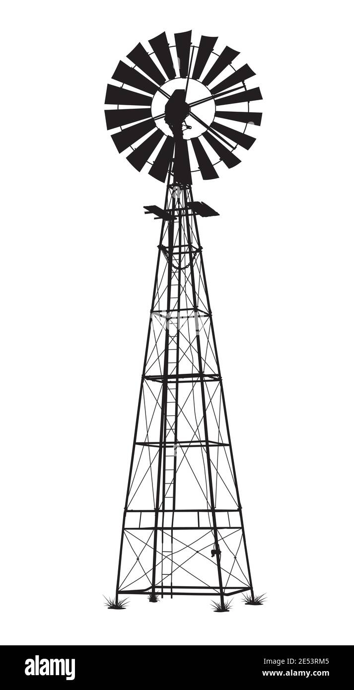 Detaillierte Darstellung der schwarzen Vektorwindmühle auf weißem Hintergrund Stock Vektor