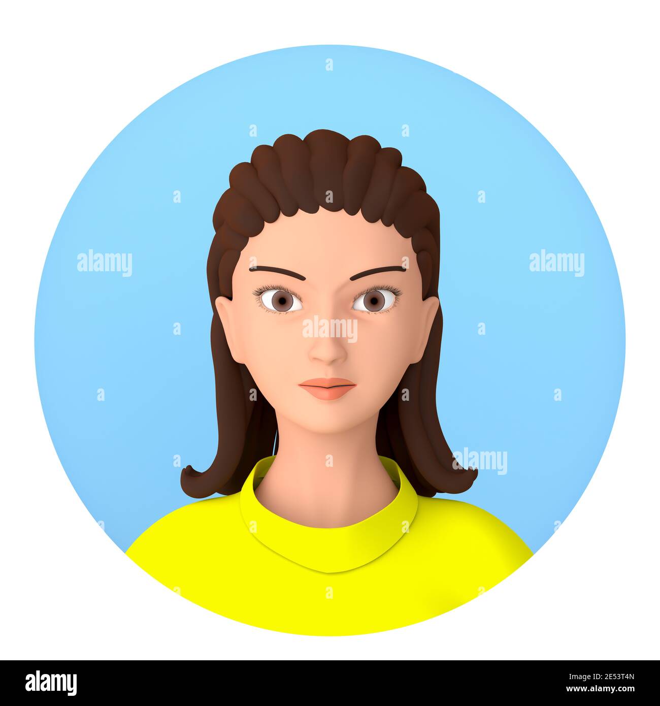 Illustration eines weiblichen Avatars. Ein Mädchen in gelber Kleidung, eine Brünette, mit braunen Augen. 3D-Rendering Stockfoto