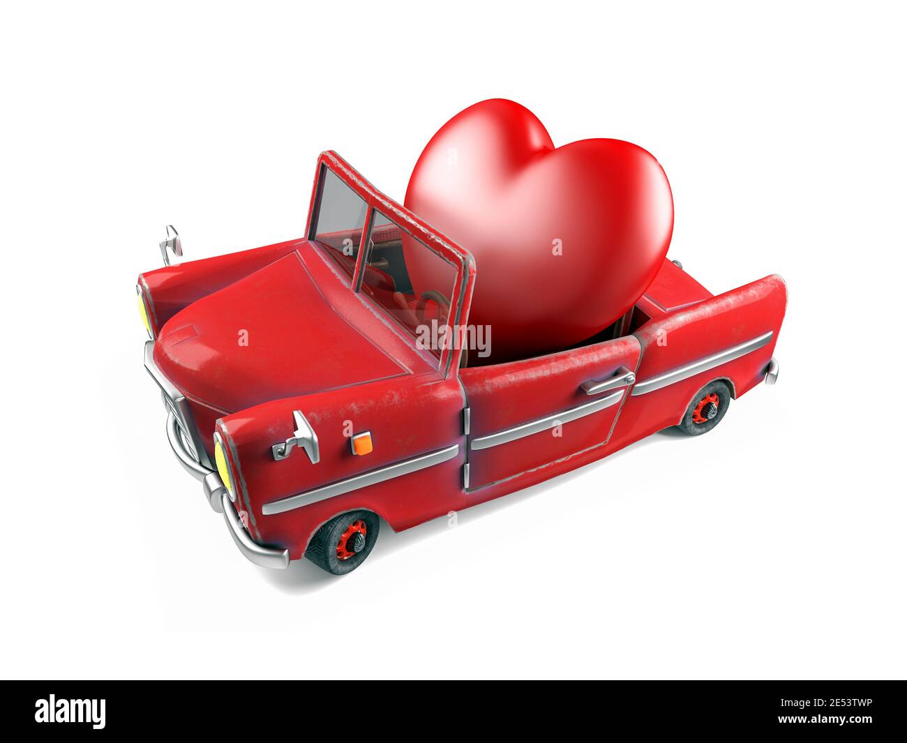 Rotes Herz in Cartoon-Sportwagen, Valentines Day Theme Konzept, 3D Rendering Stockfoto