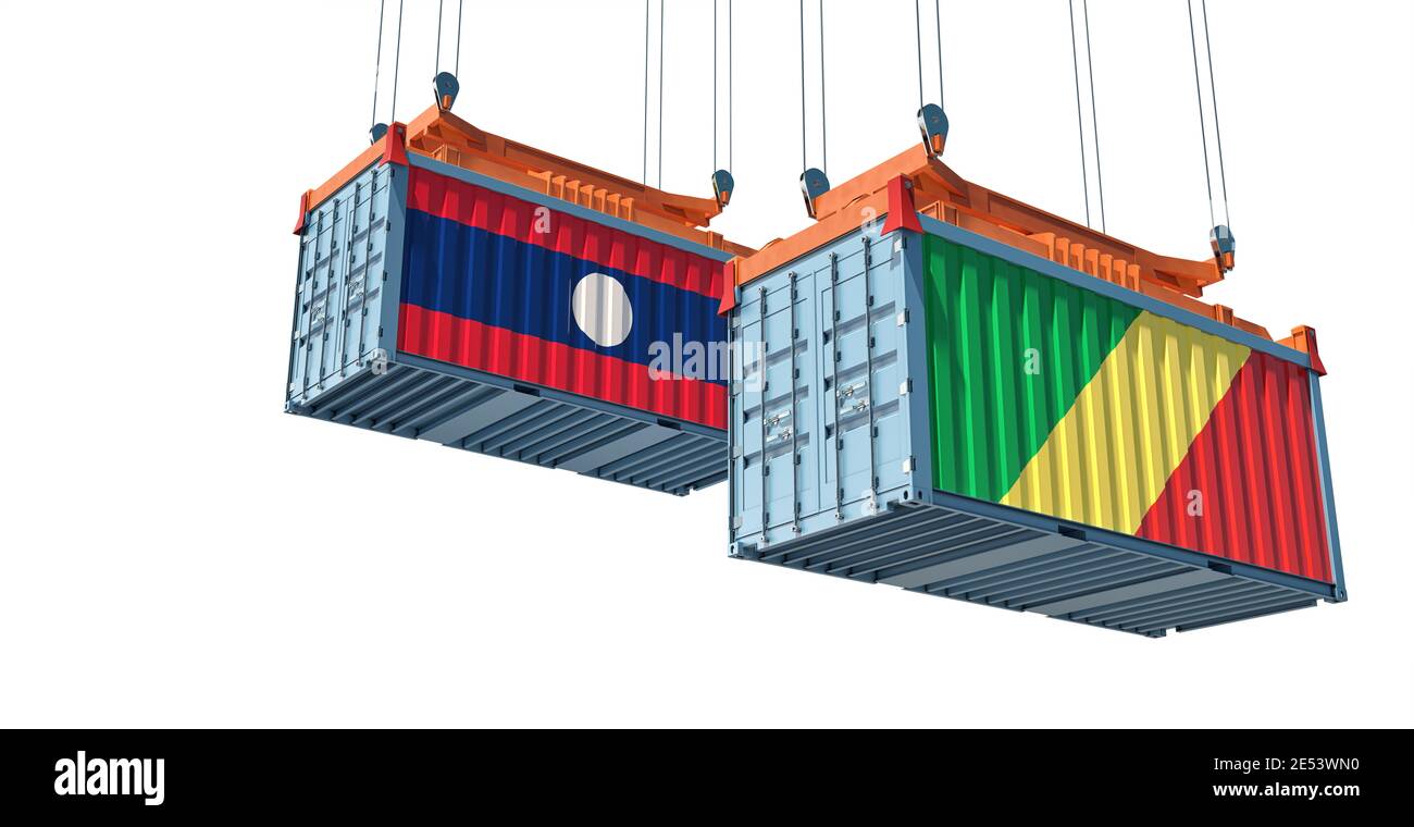 Frachtcontainer mit der Flagge der Republik Kongo und Laos. 3D-Rendering Stockfoto
