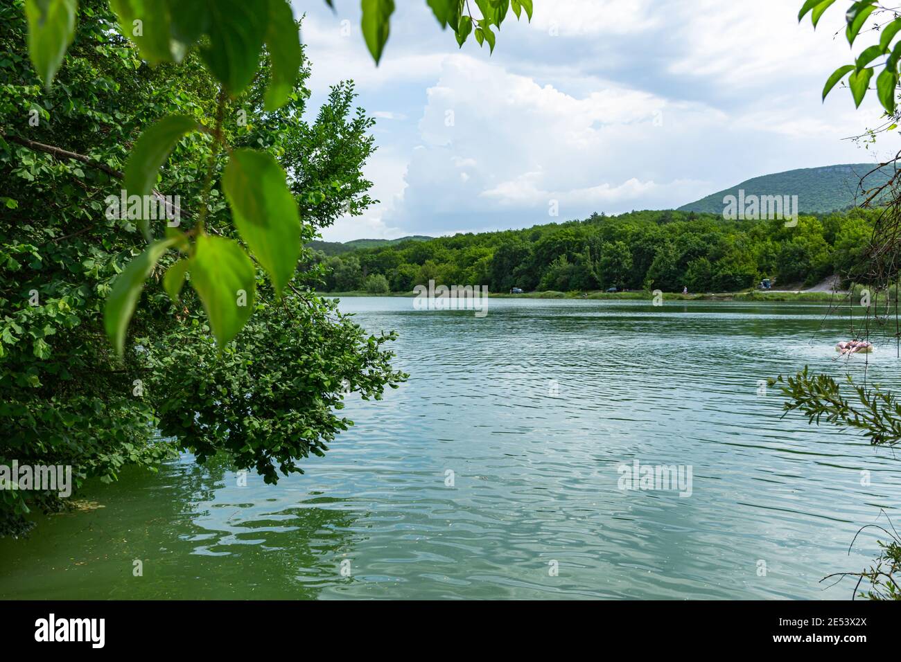 Sommersee umgeben von grünen Bäumen. Ein Ort der Erholung in der Natur. Das Konzept von Sommer, Urlaub, glücklicher Zeitvertreib. Frische saubere Luft, warmes Wasser, p Stockfoto