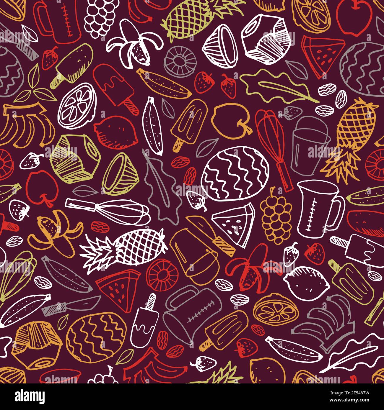 Vektor dunkel lila Popsicle Früchte Eis Hand gezeichnet Doodle wiederholen Muster Hintergrund. Perfekt für Stoff-, Scrapbooking- und Tapetenprojekte. Stock Vektor