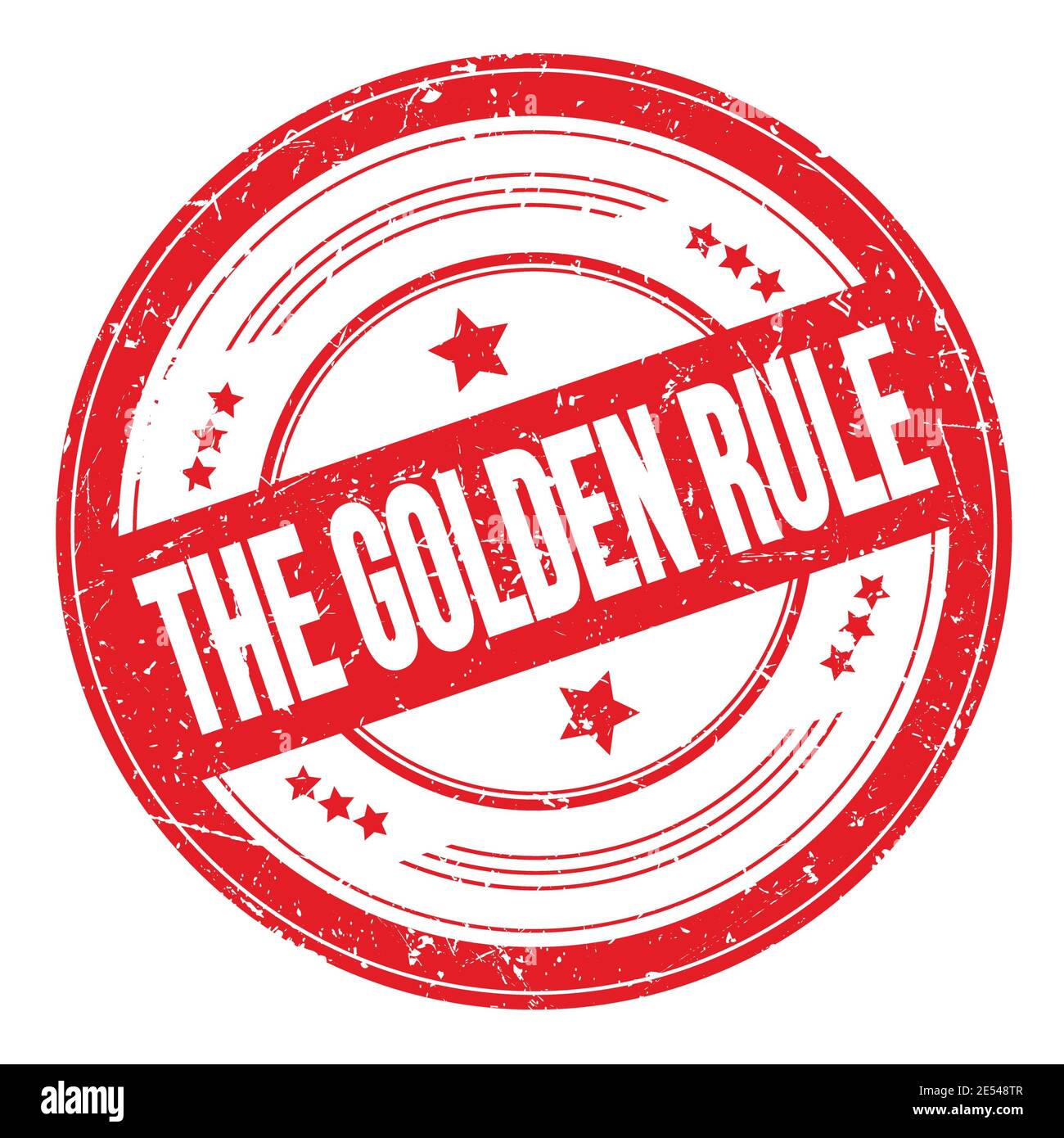 DER TEXT DER GOLDENEN REGEL auf rotem rundem grungy Texturstempel. Stockfoto