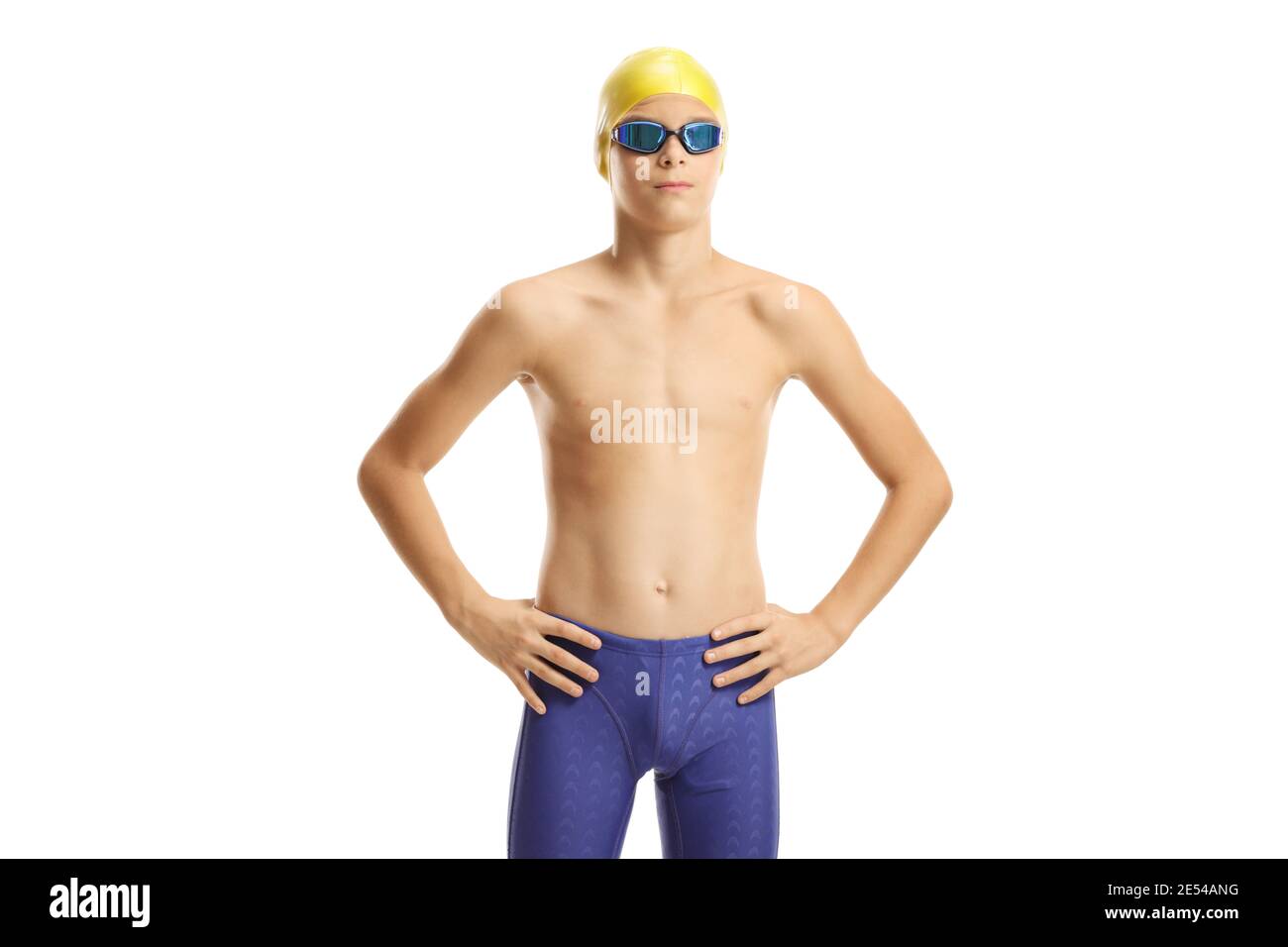 Junge Schwimmer posiert isoliert auf weißem Hintergrund Stockfoto
