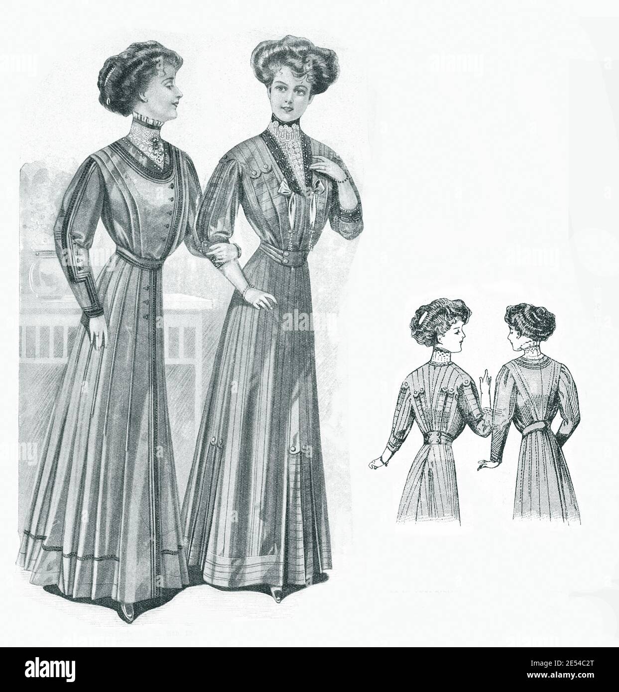 Ladies Fashion 1908, lange und elegante Linien mit Korsett, um eine eng-taillierte Figur mit voller Brust zu erreichen, mit Gibson Mädchen Frisur, frontal und Rückansicht abgeschlossen Stockfoto