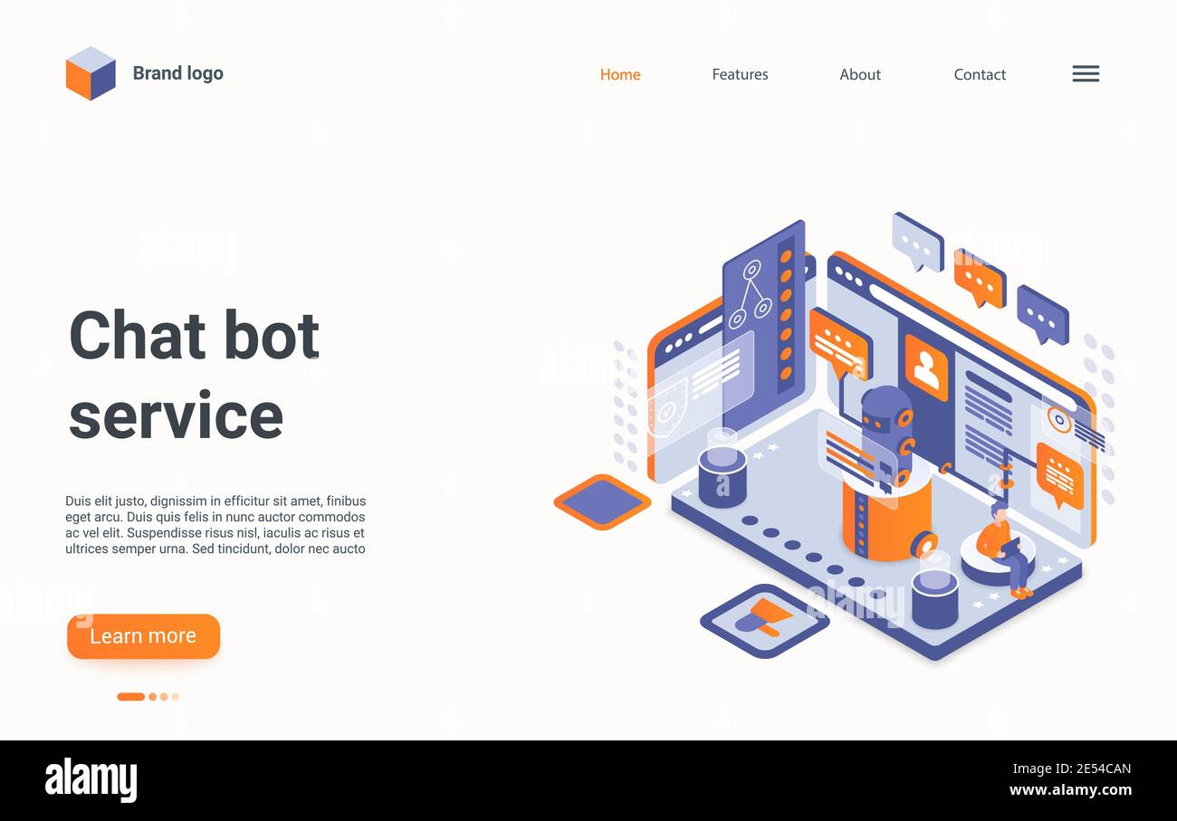 Chat bot Konzept isometrische Vektor-Illustration. Cartoon 3d Online-Service für die Kommunikation mit Kunden Benutzer in Messenger, Chat, Problem zu lösen, digitale Chatbot Kommunikation Landing Page Stock Vektor