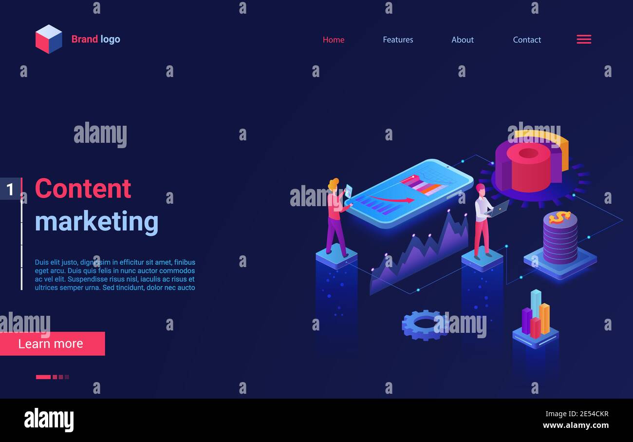 Content-Marketing-Konzept isometrische Vektor-Illustration. Cartoon 3d Online-Service für digitale Content-Analyse und Optimierung, Vermarkter Menschen Team in Forschungsdaten Analyse Prozess Landing Page Stock Vektor