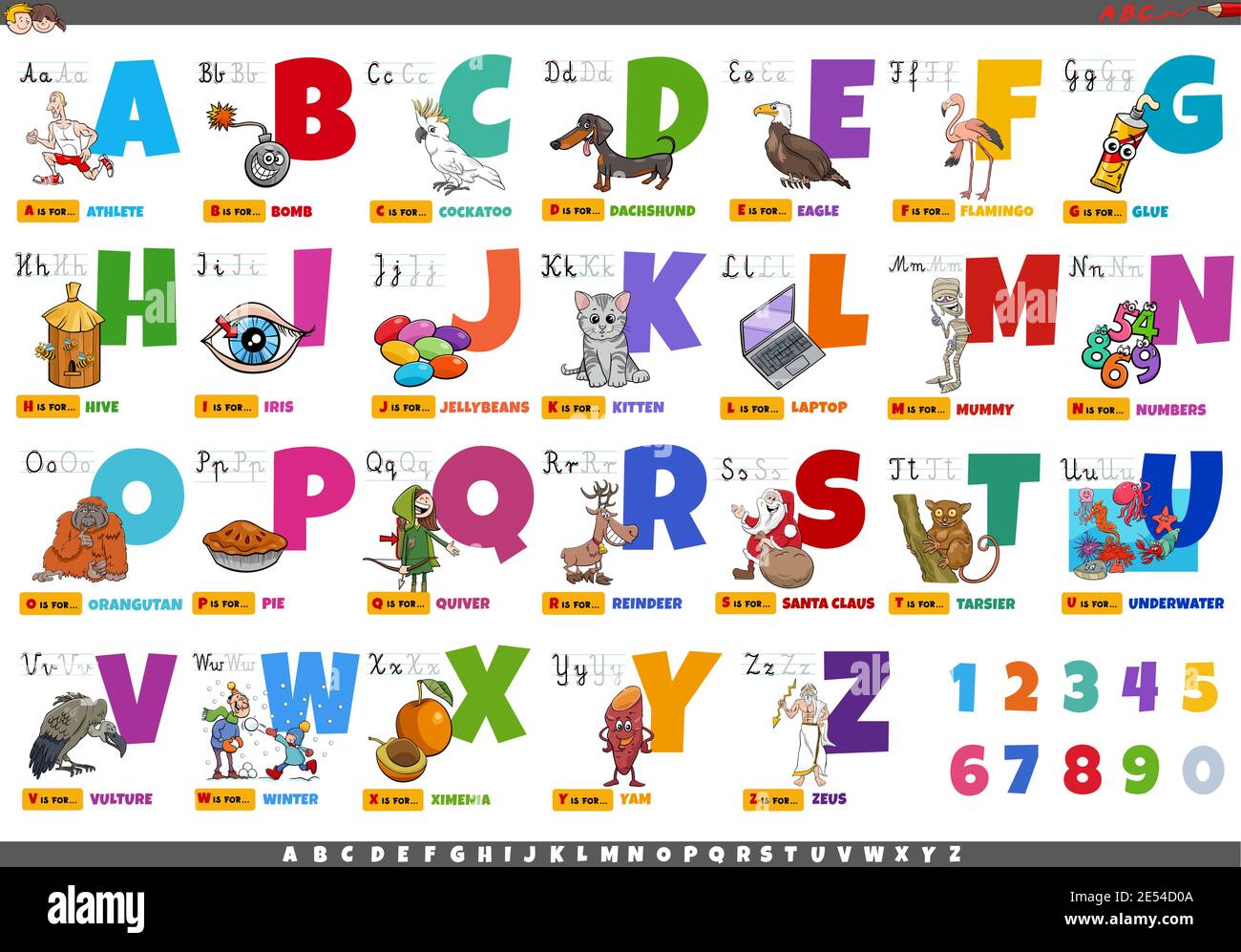 Cartoon Illustration von Großbuchstaben Alphabet mit lustigen Charakteren gesetzt Und Objekte zum Lesen und Schreiben Bildung für Kinder Stock Vektor