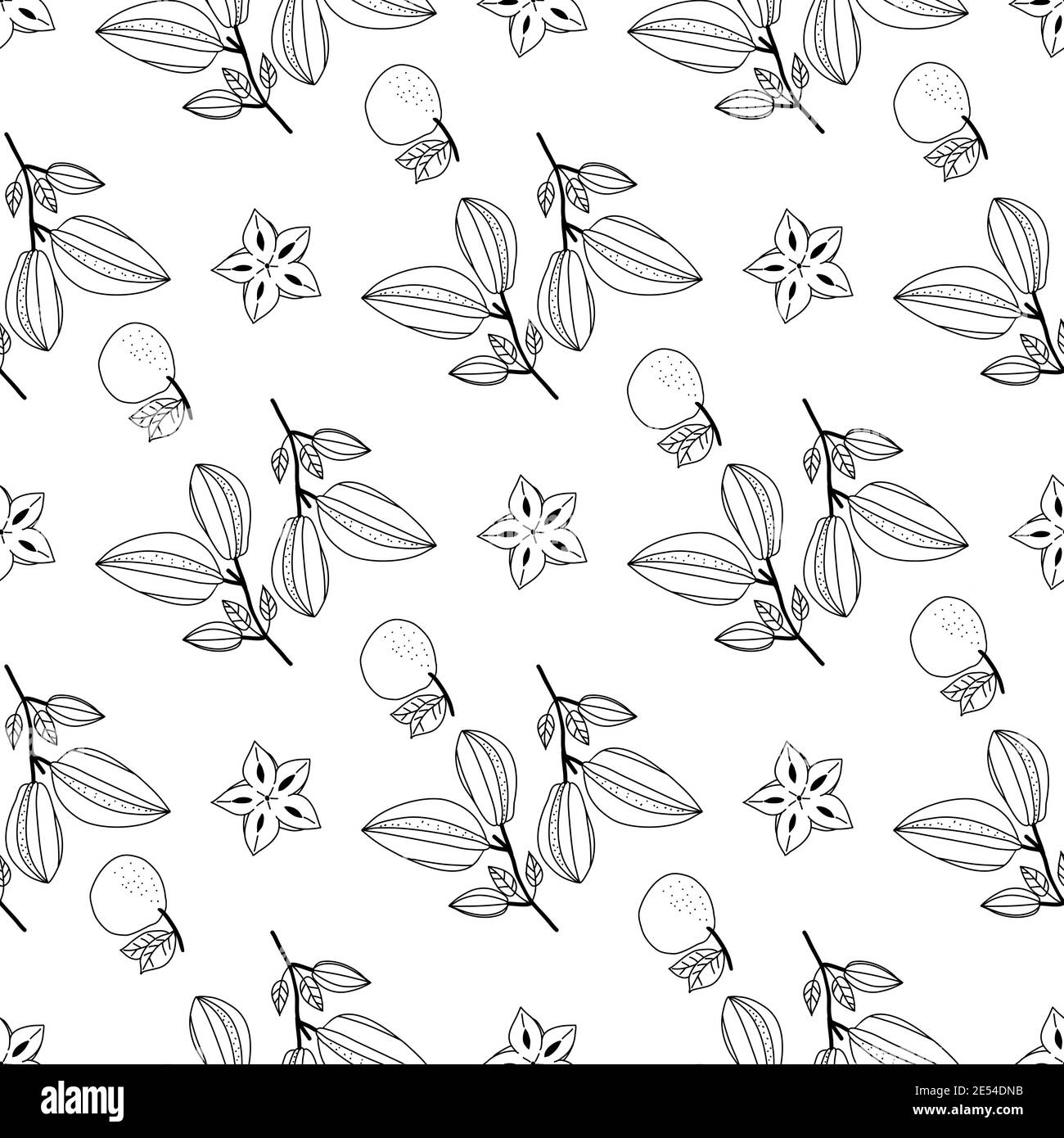 Nahtloses Doodle-Muster mit tropischen Früchten von Karambola und Mandarine. Vektorgrafik. Stock Vektor