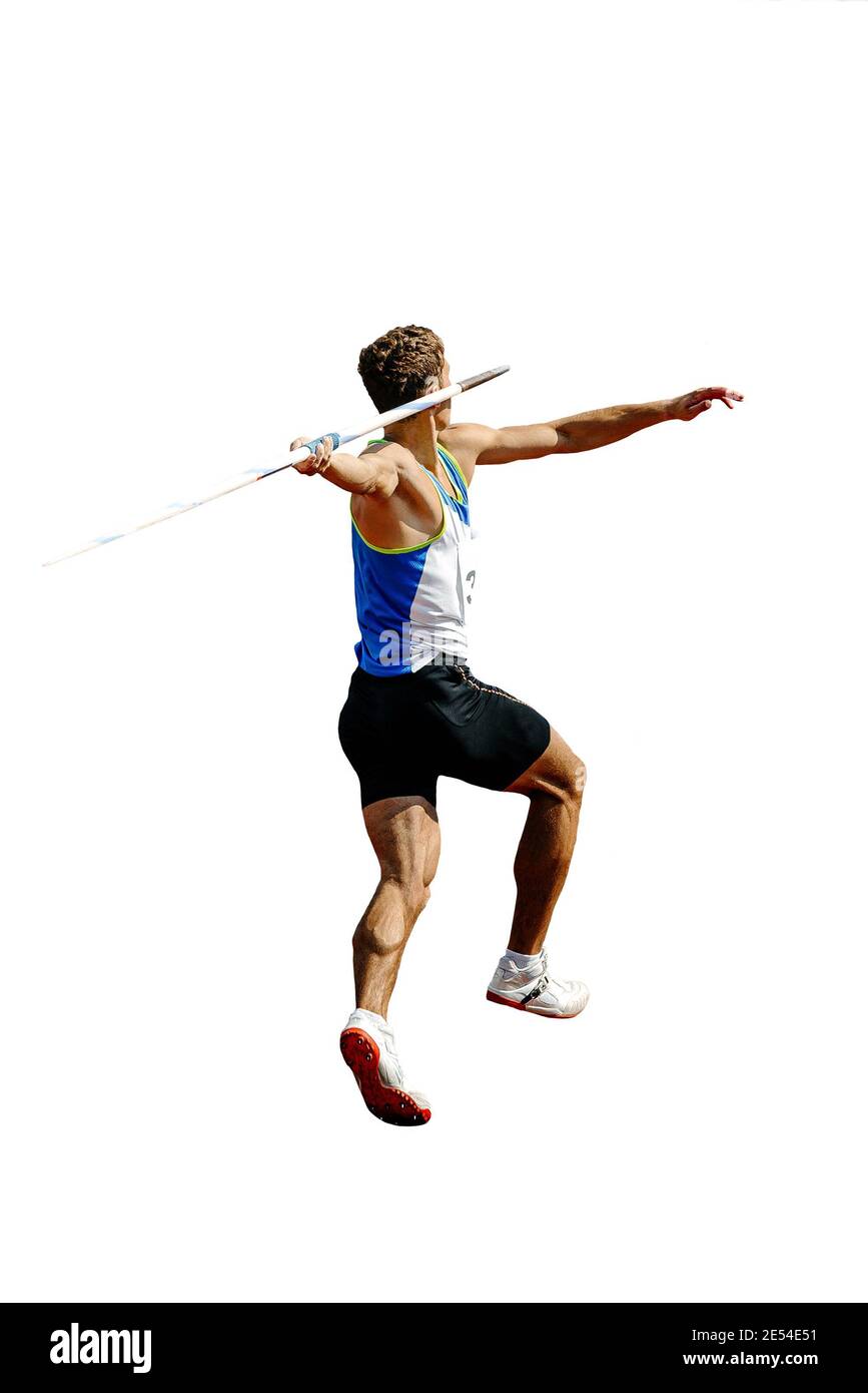 Männliche Athlet Speer werfen isoliert auf weißem Hintergrund Stockfoto