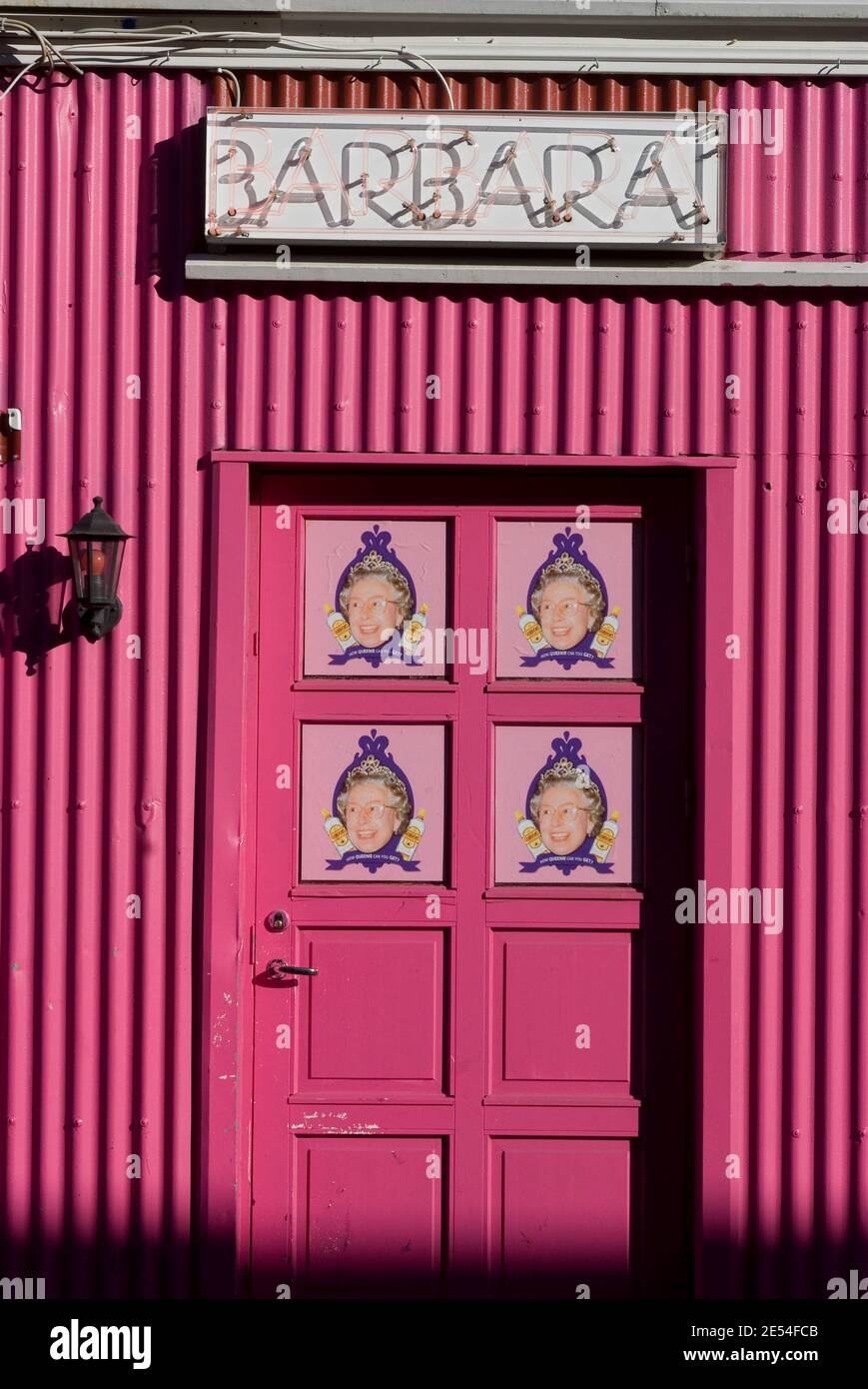 Dekoriertes Wellblech-Detail vor einem der berühmtesten Clubs der Stadt, Reykjavik, Island Stockfoto