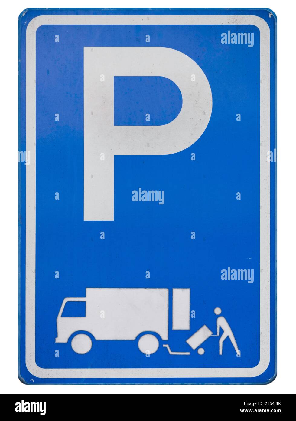 Niederländische Straßenschild: Parkplatz erlaubt für das sofortige Be- und Entladen von Waren. Isoliert auf Weiß Stockfoto