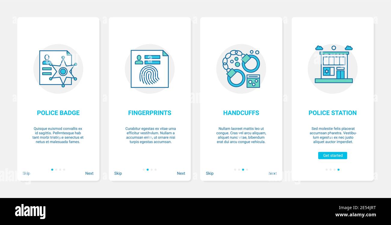 Polizei Kriminalität Symbole Vektor-Illustration. UX, UI Onboarding mobile App-Seite Bildschirm mit Linie abstrakte Abzeichen Polizist, kriminelle Fingerabdrücke, Handschellen für Gangster, Polizeirevier Gebäude Stock Vektor