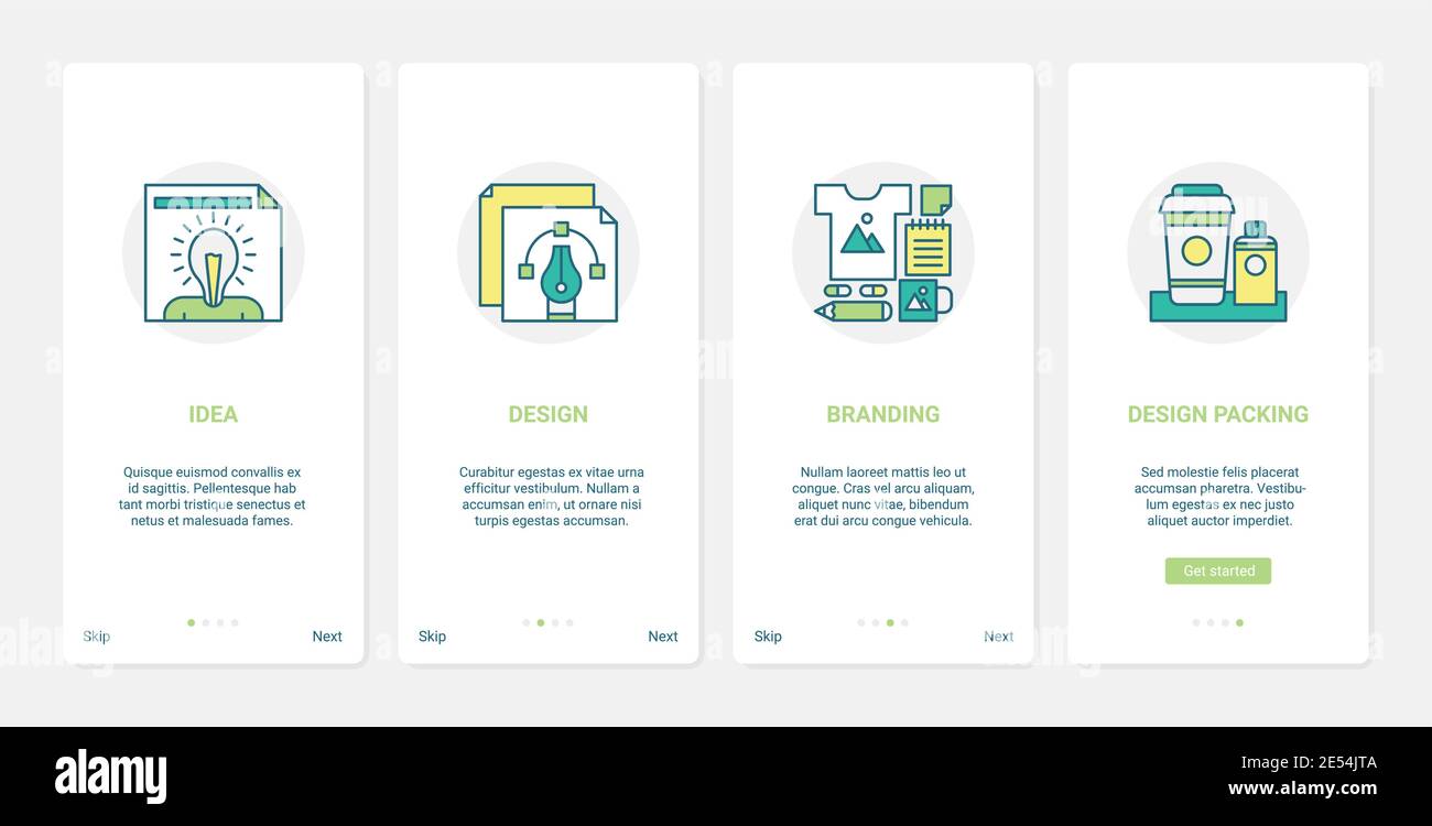 Medienwerbung Technologie Vektor Illustration. UX, UI Onboarding mobile App Seite Bildschirm Satz von line-Designer-Service mit kreativen Marke Idee Glühbirne, Branding, Design Verpackung abstrakte Symbole Stock Vektor