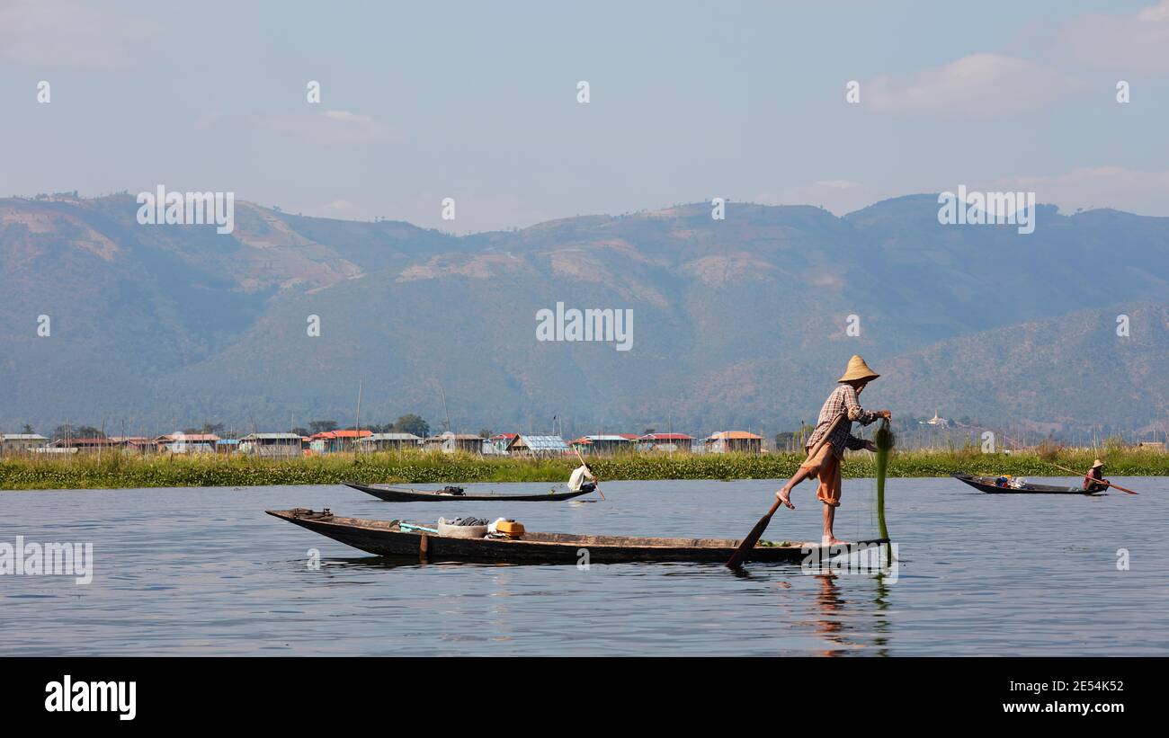 Traditionelle Intha Burmese einbeinigen Fischer bei der Arbeit, Inle Lake, Myanmar. Stockfoto