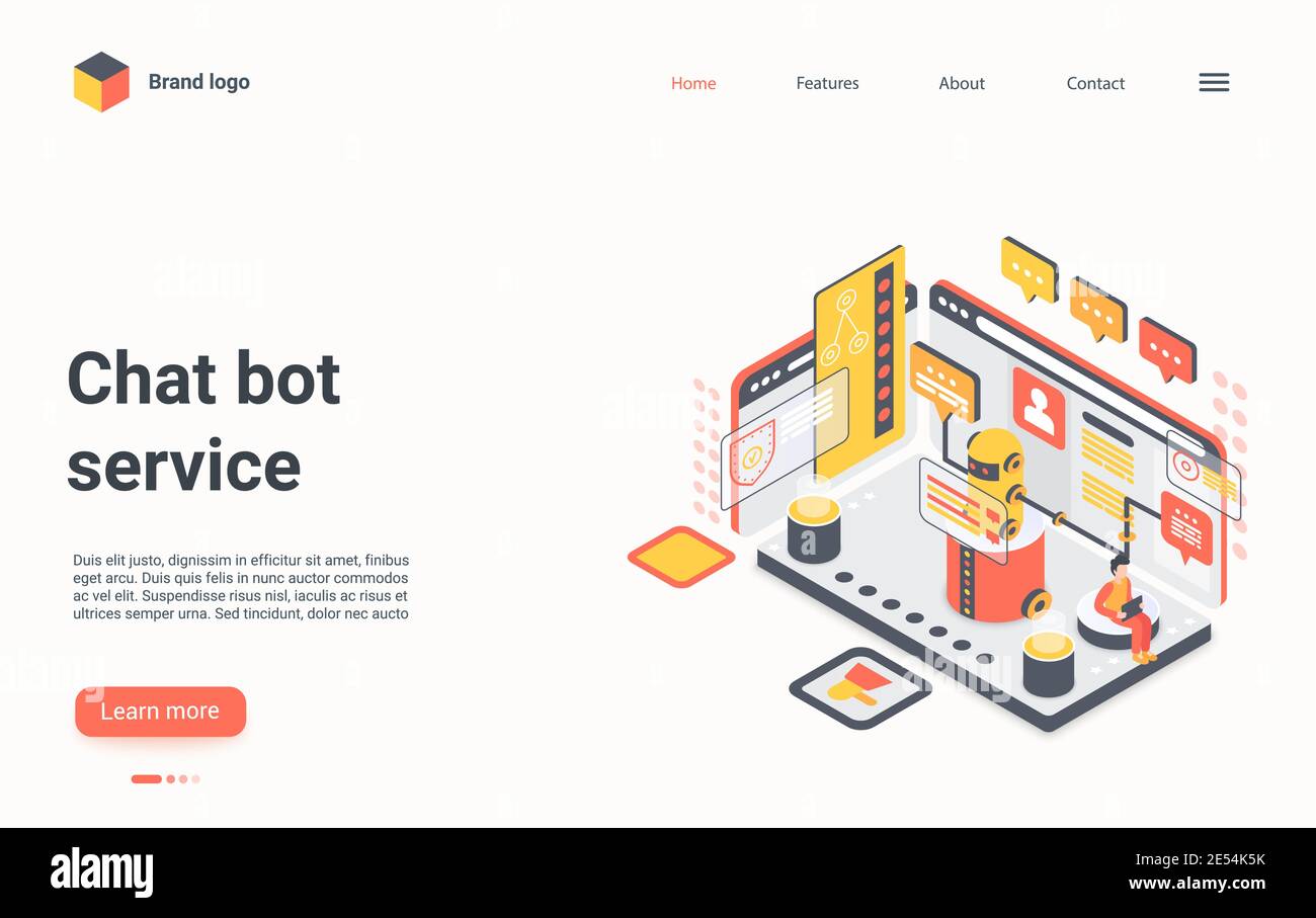 Chat bot Service Konzept isometrische Vektor Illustration. Cartoon 3d Chatbot virtuelle Unterstützung, Kunden Menschen mit ai Roboter chatten, Beratung im Dialog, digitale futuristische Technologie Landing Page Stock Vektor