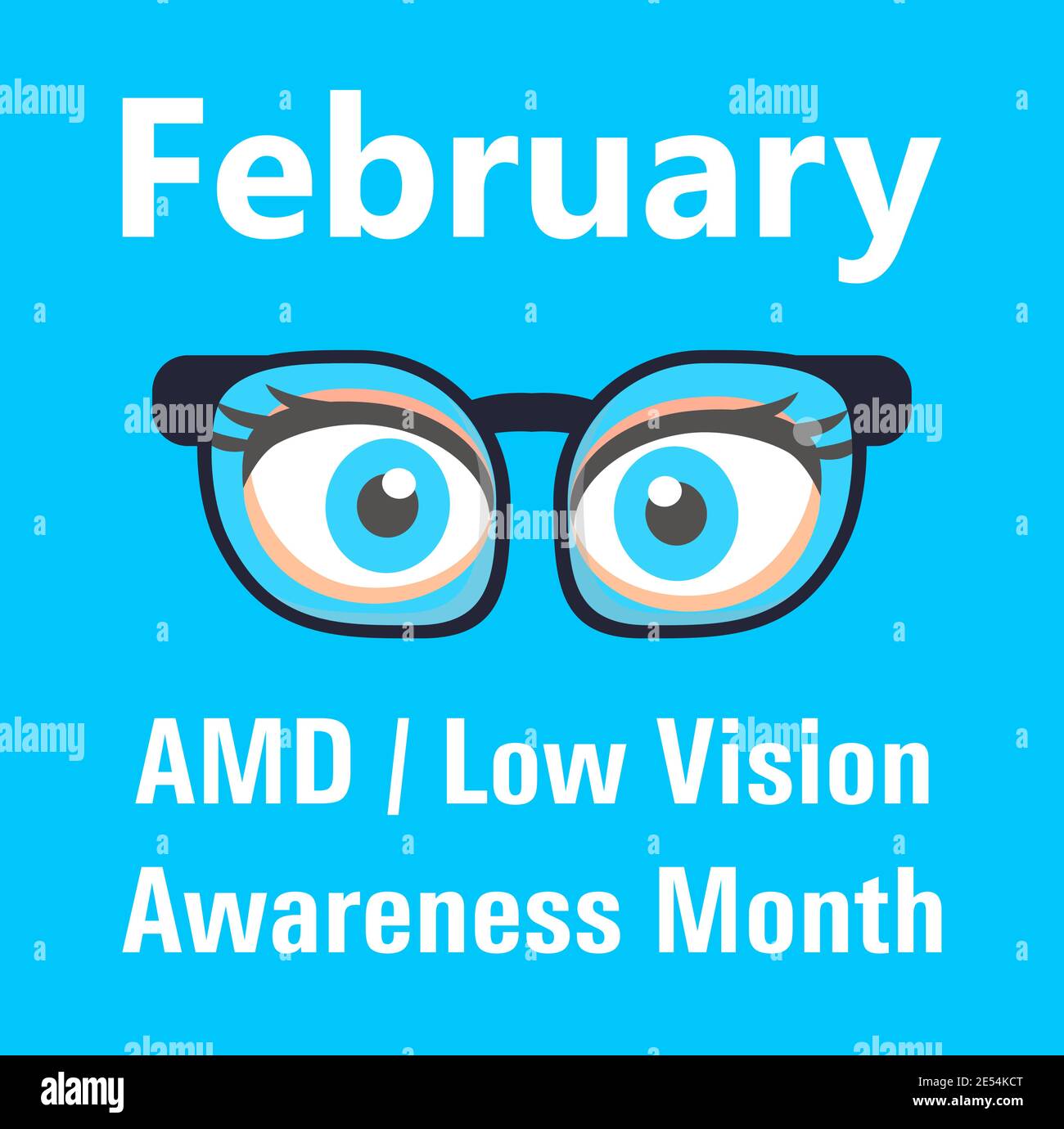 AMD, Low Vision Awareness Monat Veranstaltung wird im Februar gefeiert. Medizinischer Augenarzt Augenlicht Check up Konzeptvektor. Brillen sind abgebildet. Stock Vektor