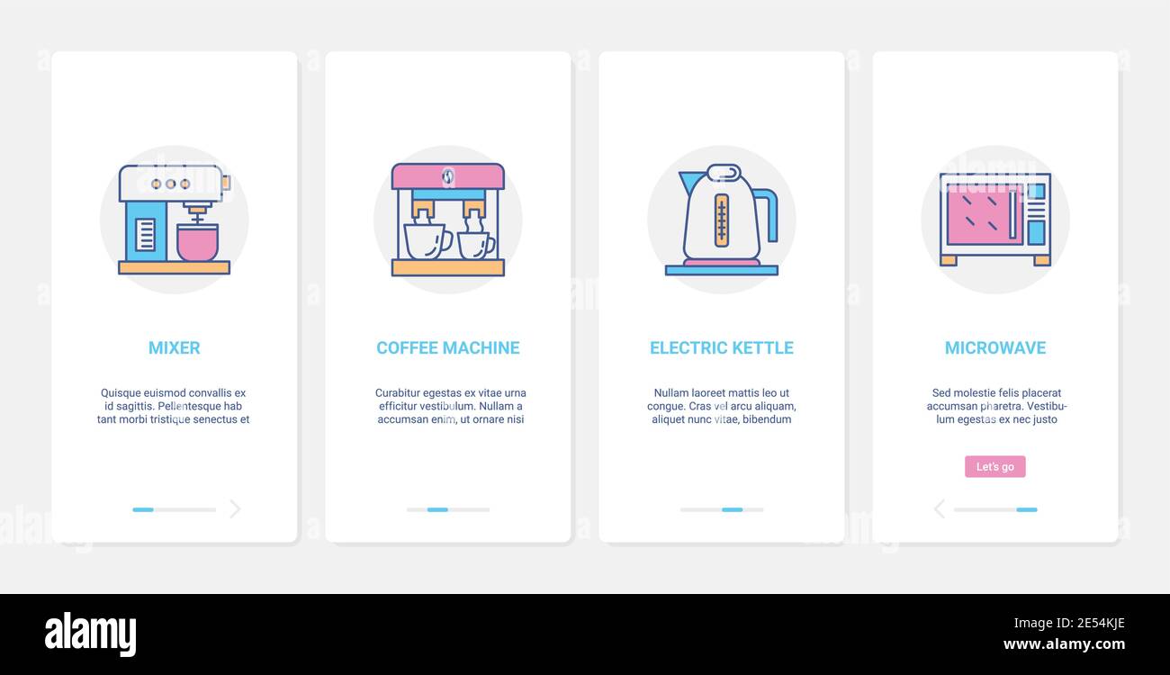 Haushaltsküche elektrische Haushaltsgeräte zum Kochen von Speisen oder Getränken Vektorgrafik. UX, UI Onboarding mobile App Seite Screen Set mit Linie Mixer Kaffeemaschine Wasserkocher Teekanne Mikrowelle Stock Vektor