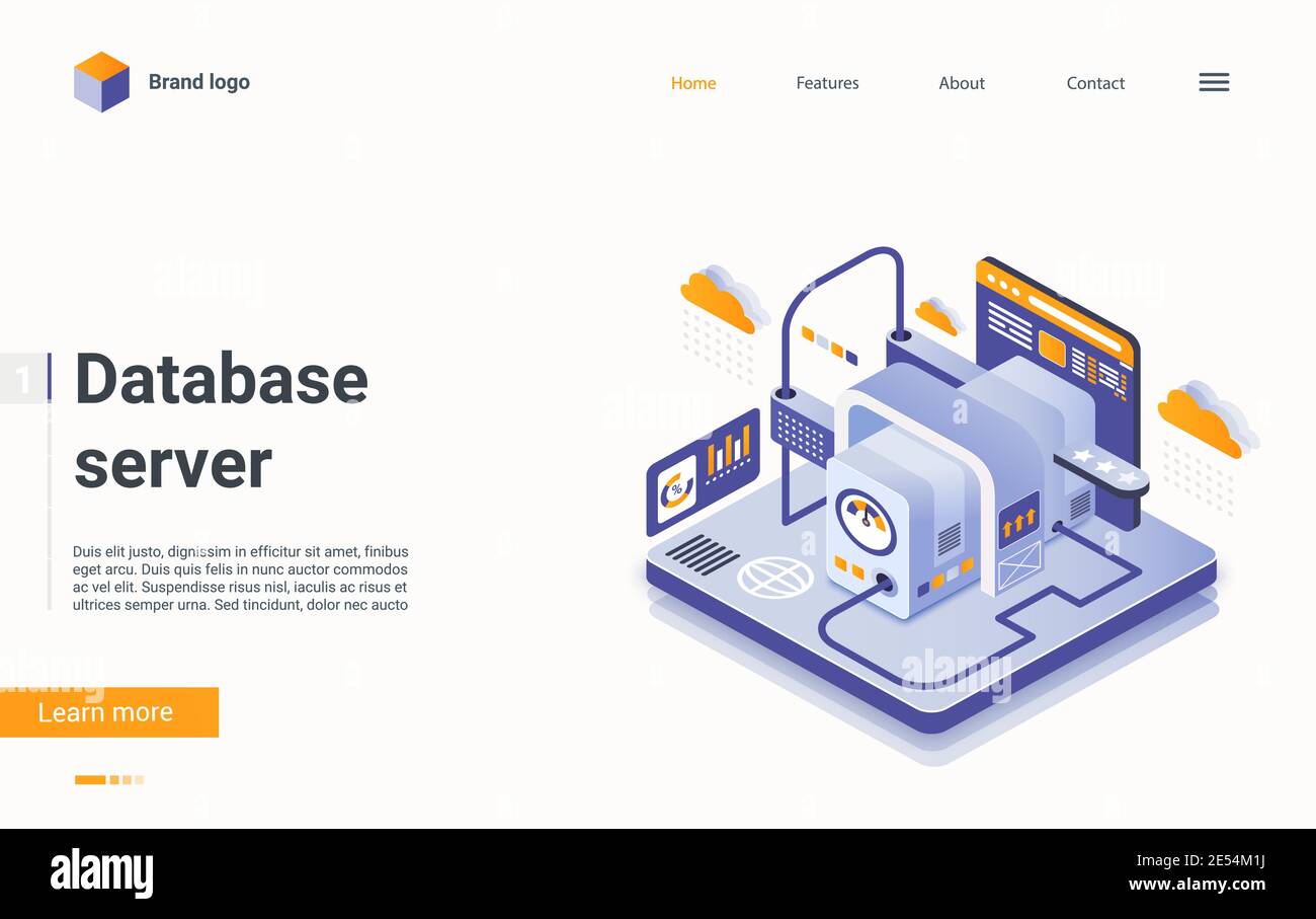 Isometrische Vektordarstellung des Datenbankservers. Cartoon 3d virtuelles Hosting Rechenzentrum Service zu steuern, zu analysieren und zu verwalten Datendateien, Support-System-Infrastruktur, moderne Technologie Landing Page Stock Vektor