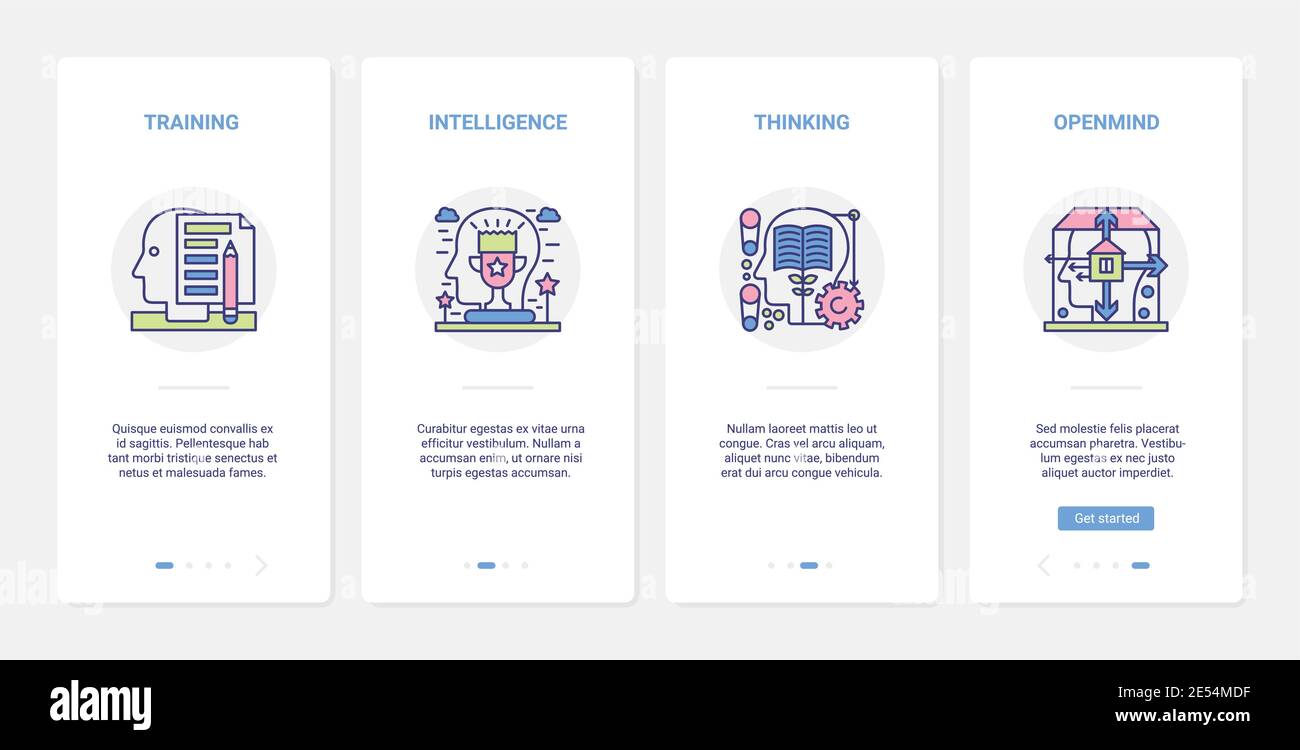 Mind Process Education Vektor-Illustration. UX, UI Onboarding mobile App Seite Bildschirm Satz von abstrakten Linie menschlichen Kopf mit Gehirn Intellekt Training, Brainstorming Denken, Geist öffnen pädagogische Symbol Stock Vektor