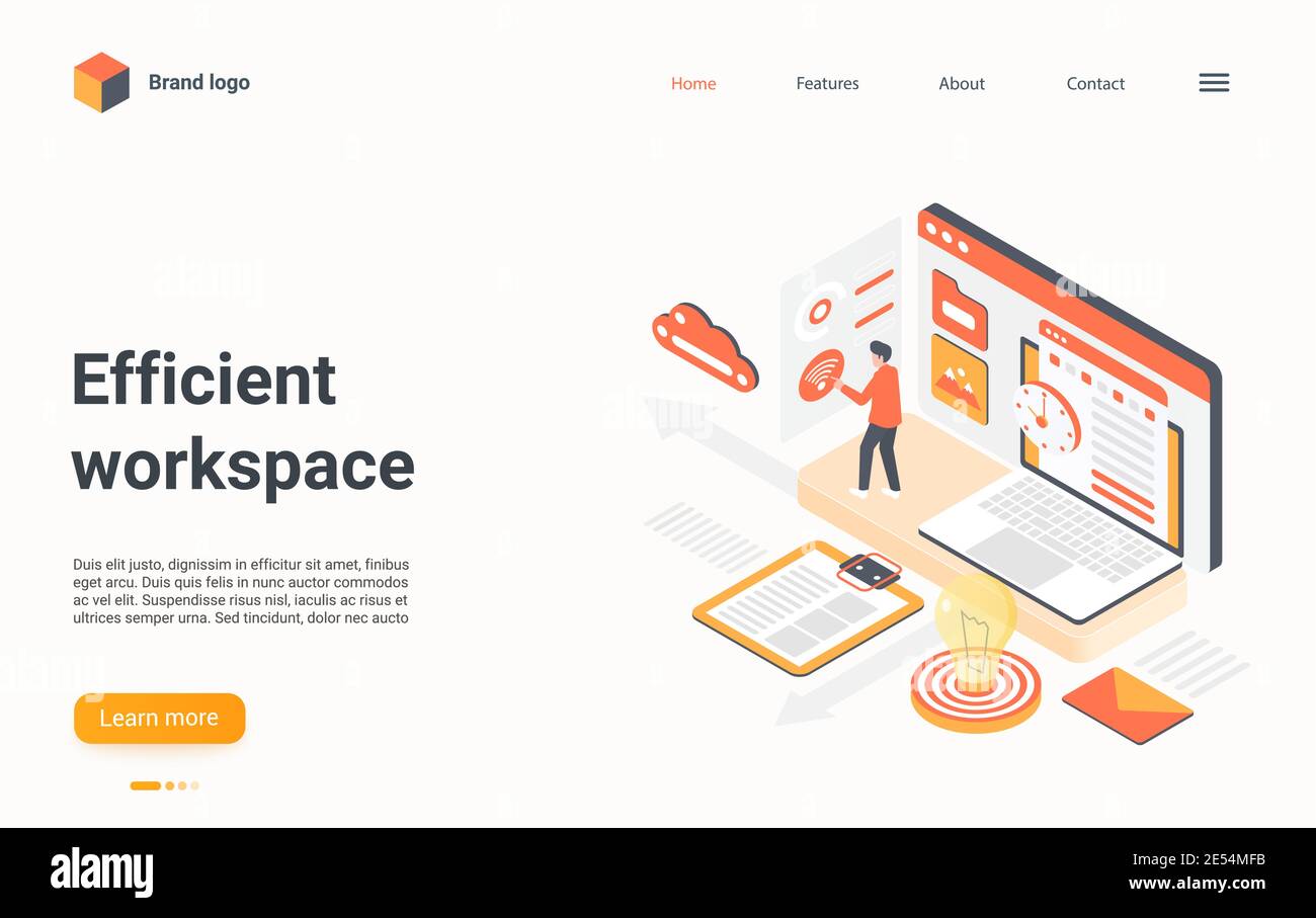 Effiziente Arbeitsplatzverwaltung isometrische Vektordarstellung. Cartoon 3d-Arbeitsbereich Business-Optimierung, Workflow-Prozess Effizienz mit winzigen Manager Charakter arbeiten in Büro Landing Page Stock Vektor