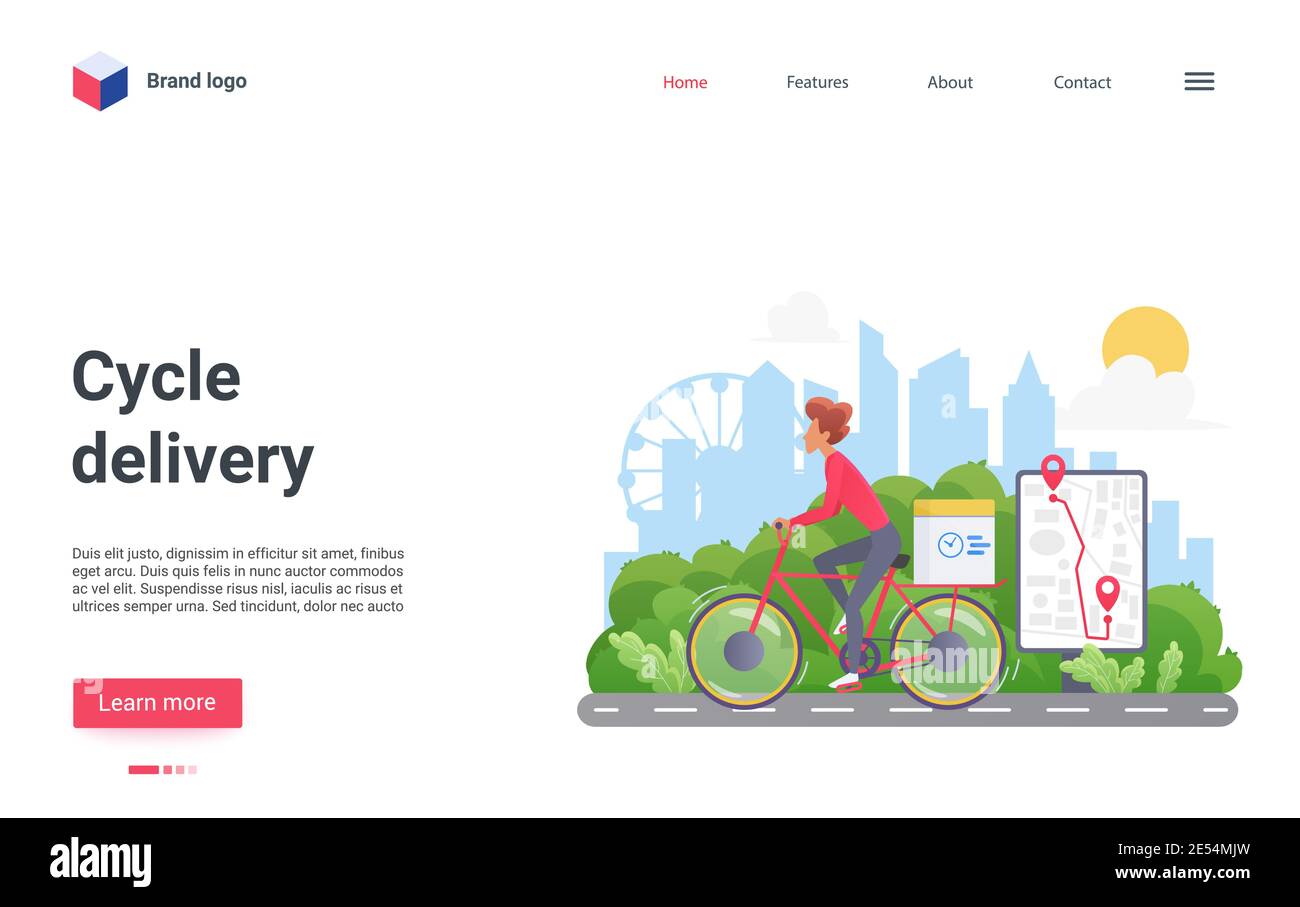 Vektordarstellung der Taktlieferung. Cartoon Mann Kurier Radfahrer Charakter Fahrrad fahren mit Postfach Paket arbeiten in der Post-Service der modernen Stadt, Route auf dem Smartphone-Bildschirm Karte Landing Page Stock Vektor