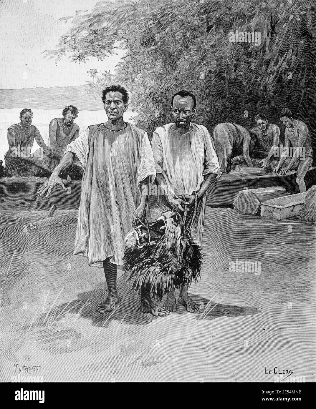 African Hunters mit Severed Lion's Head oder Lion Hunt Trophy Afrika 1902 Vintage Illustration oder Gravur Stockfoto