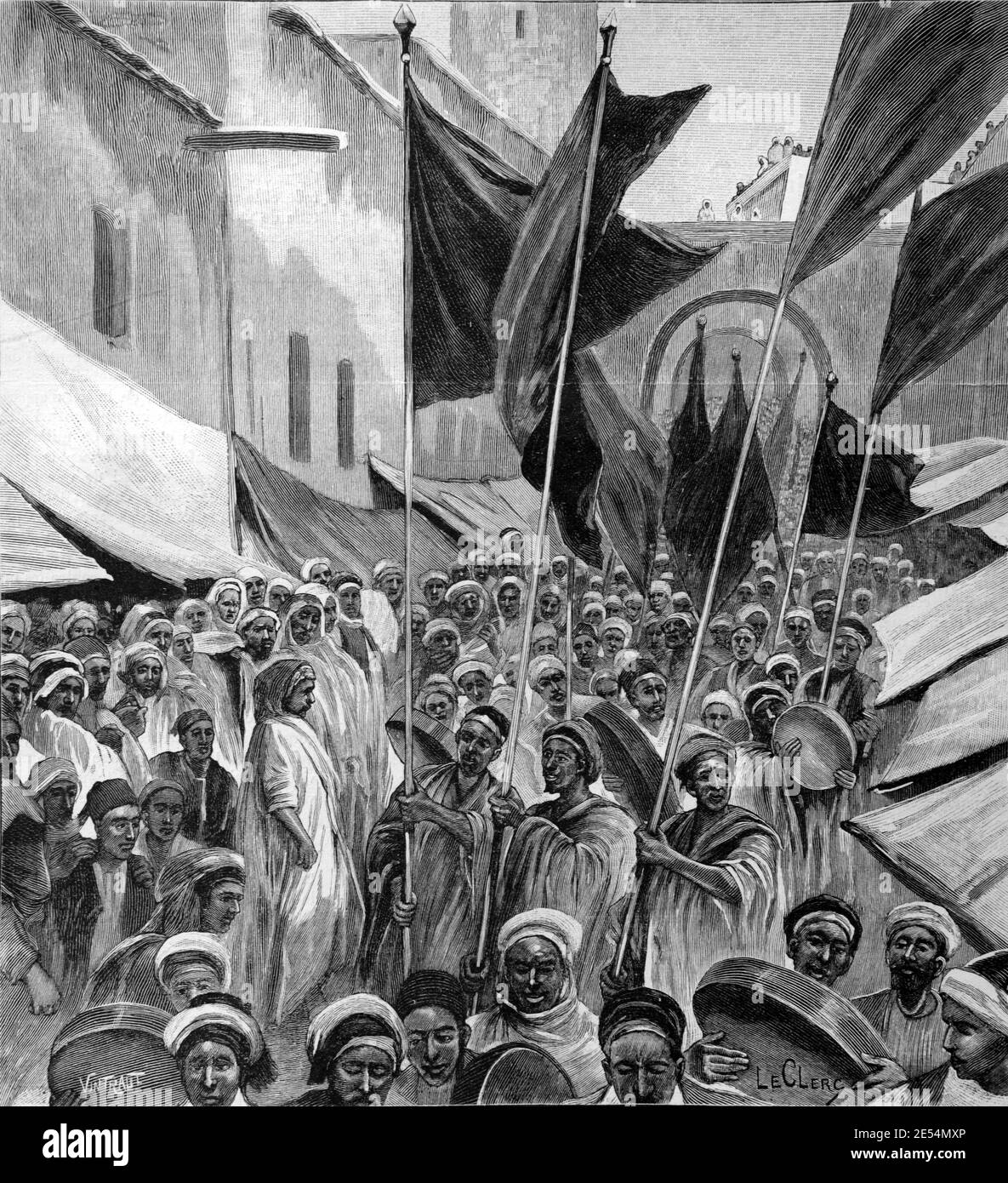 Marabout Prozession oder Prozession oder Marabouts, muslimische Religionsführer oder Gelehrte, in Tripolis Libyen 1904 Vintage Illustration oder Gravur Stockfoto