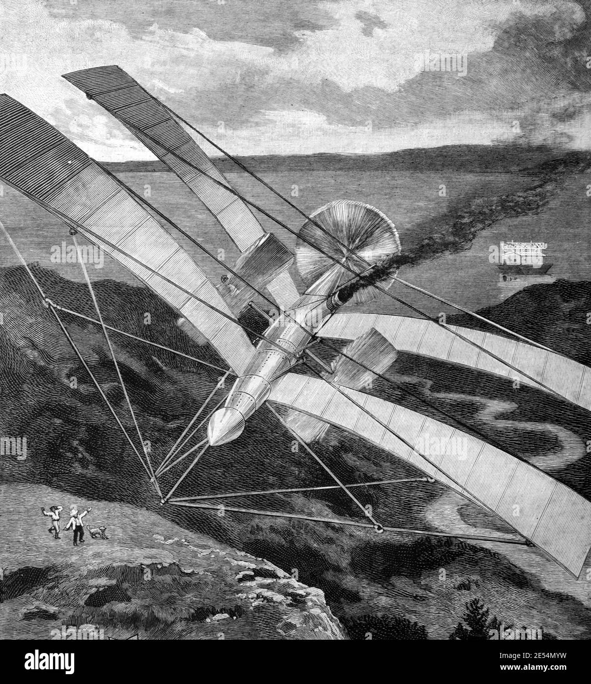 Samuel Langley Aerodrome, bemannt von Ingenieur Charles M. Manly, stürzt in Potomac River nach dem Start von einem Hausboot in der Nähe von Quantico, Virginia, USA 1903 Vintage Illustration oder Gravur Stockfoto