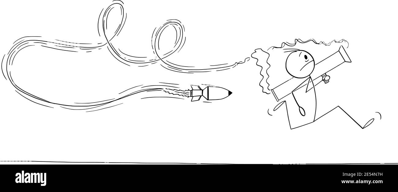 Mann oder Geschäftsmann feuern Raketenwerfer, seine eigene Rakete jagt ihn, Konzept des Scheiterns oder Fehler, Vektor-Cartoon-Stick Figur oder Figur Illustration. Stock Vektor