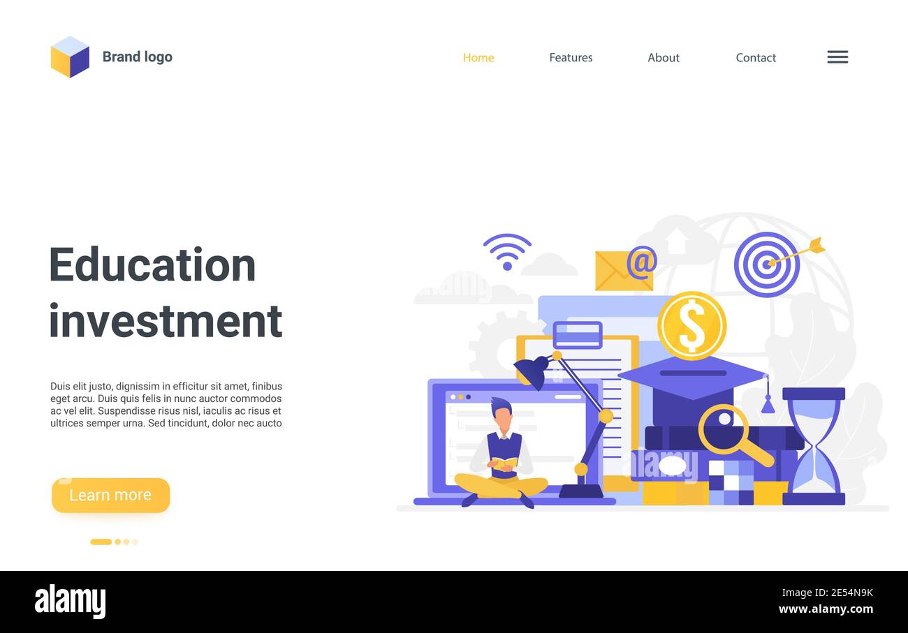 Vektorgrafik für Investitionen im Bildungsbereich. Cartoon Online-Stipendium Finanzierung Projekt, Schüler Charakter Investitionen in akademisches Wissen, Studium in der Schule, Hochschule oder Universität Landing Page Stock Vektor