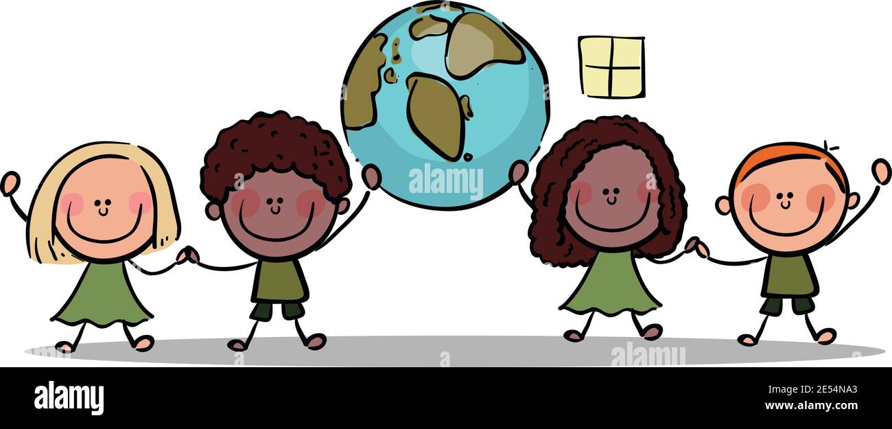 Stick Figur Kinder halten Planet Erde Stock Illustration, Vektor speichern Erde Konzept Stock Vektor
