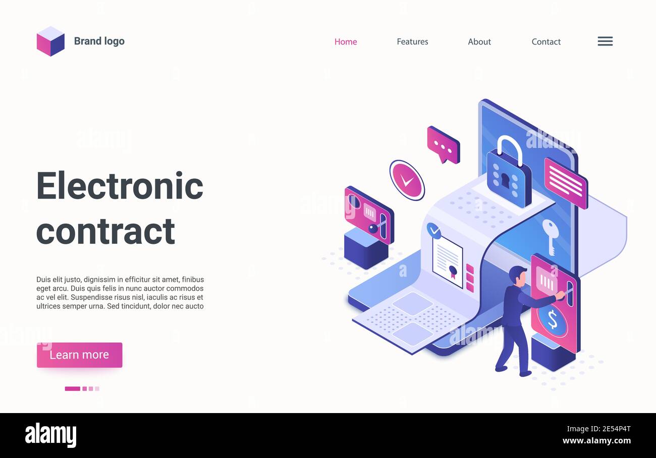Elektronische Vertrag digitale Technologie isometrische Vektor Illustration. Cartoon 3d zertifiziertes Berichtsdokument mit Unterschrift über Zahlung und winzige Zeichen zahlen, Datenschutz Landing Page Stock Vektor