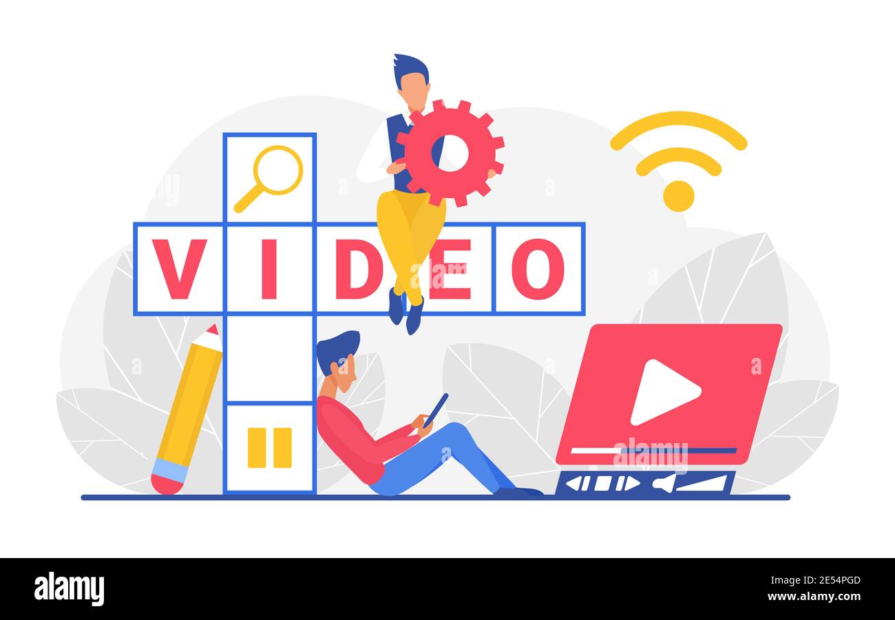 Video Kreuzworträtsel Vektor Illustration. Cartoon Mann Charaktere halten Ausrüstung und Tablet-Handy-Gerät, um Film zu sehen, sitzen neben Kreuzworträtsel mit Videowort, Unterhaltung isoliert auf weiß Stock Vektor
