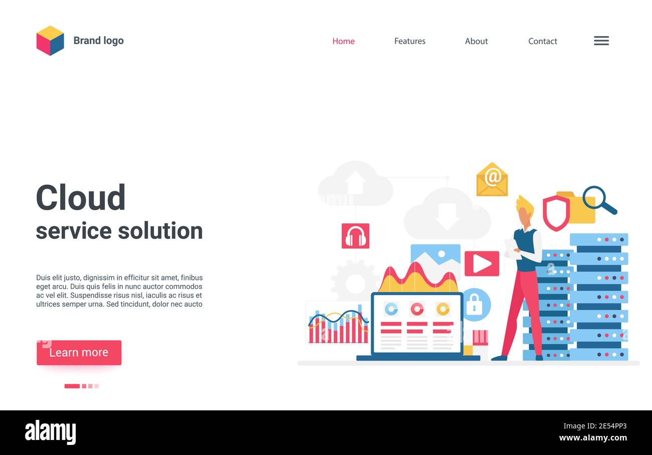 Vektordarstellung für Cloud-Service-Lösungen. Cartoon Benutzer Mann Figur steht in der Nähe Cloud-Speicher-Server-Datenbank, Vernetzung, Hochladen digitaler Inhalte, arbeiten mit Datendateien online Landing Page Stock Vektor