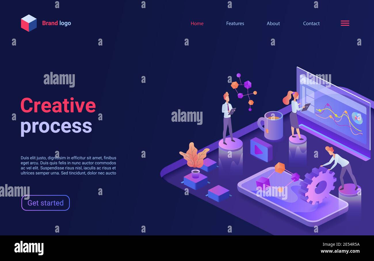 Kreative Arbeit Analyse Prozess Konzept isometrische Vektor Illustration. Cartoon 3d Mitarbeiter Menschen arbeiten mit visuellen Daten auf großen digitalen Dashboard, moderne Business-Office-Technologie Landing Page Stock Vektor