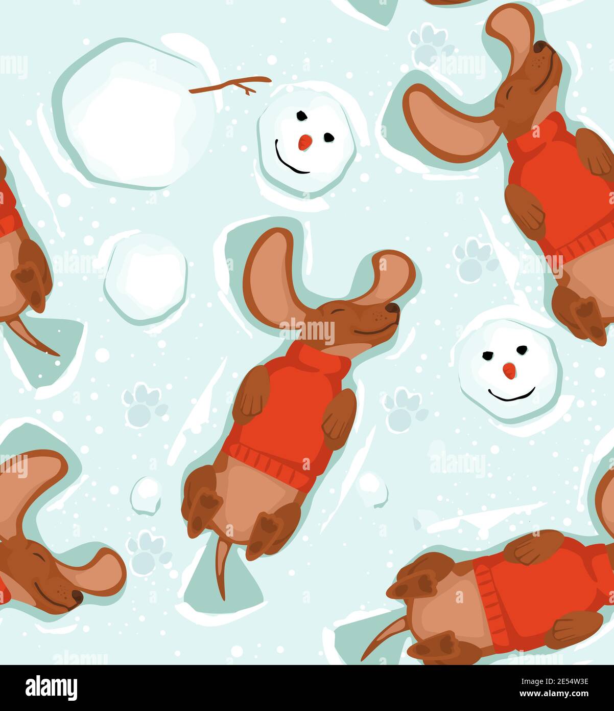 Muster glücklicher Dackel Hund und Schneemann liegt im Schnee, Draufsicht. Stock Vektor