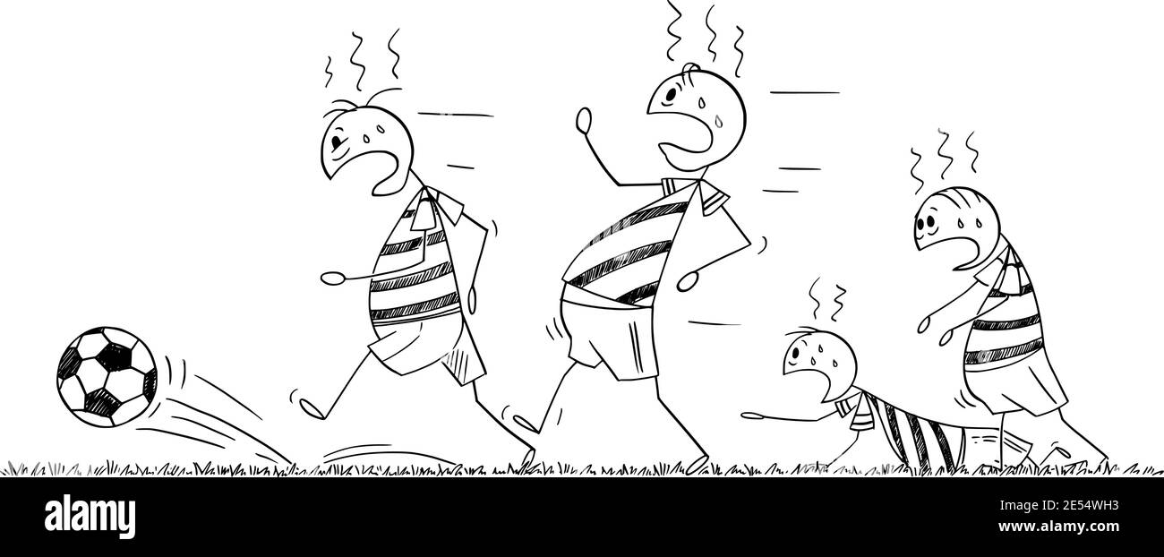 Gruppe von ungesunden Leben, Fett, übergewichtige Menschen spielt Fußball oder Fußball, Konzept der gesunden Lebensweise und Sport, Vektor-Cartoon-Stick Figur oder Figur Illustration. Stock Vektor