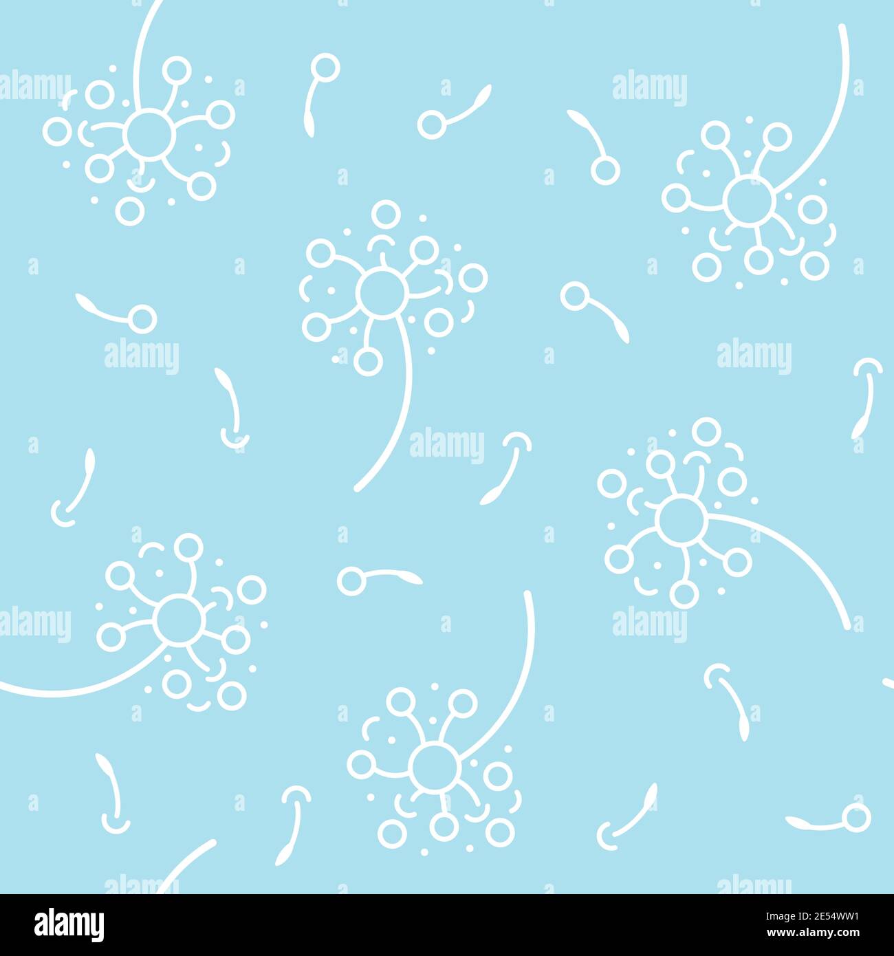 Nahtloses Vektor-Muster mit weißen Löwenzahn-Samen und Blüten Pastellblauer Hintergrund Stock Vektor