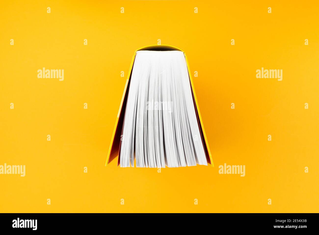 Draufsicht auf großes Buch mit gelbem Einband auf orange Hintergrund Stockfoto