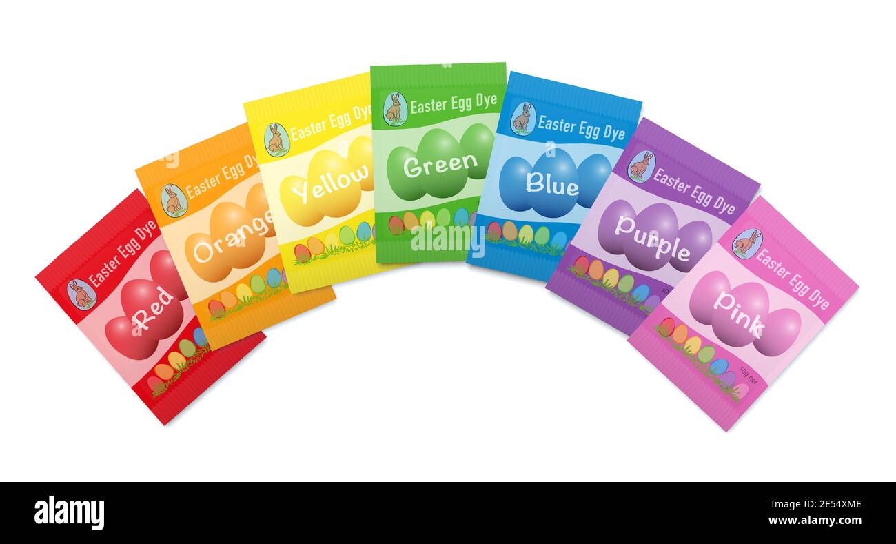 Beutel mit Eierfarbstoff. Verschiedene bunte Papierpakete mit rot, orange, gelb, grün, blau, lila und rosa Farbstoff Farbpulver. Stockfoto