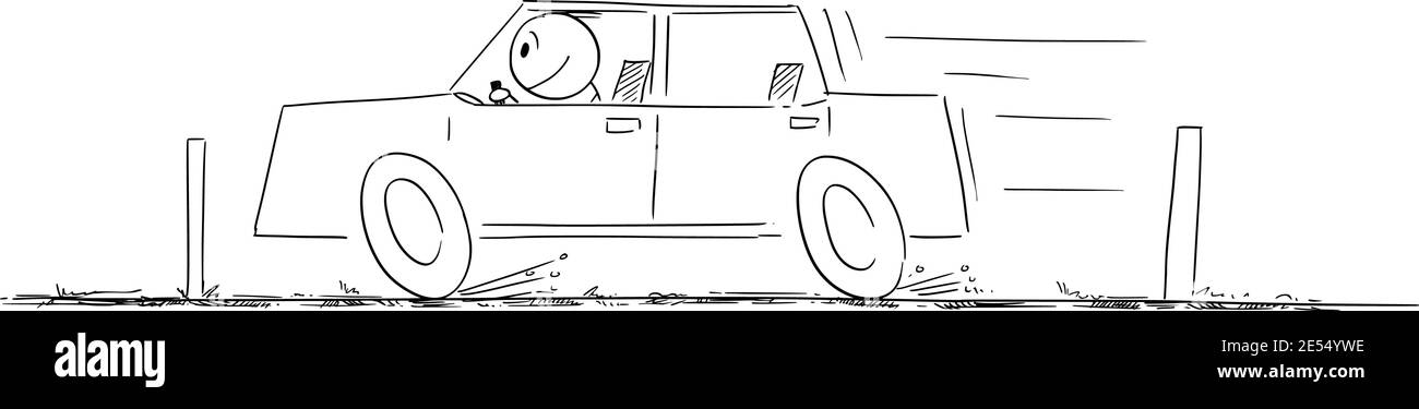 Auto bewegt sich schnell auf der Straße, Fahrer lächelt und genießt die Geschwindigkeit, Vektor-Cartoon-Stick Figur oder Figur Illustration. Stock Vektor
